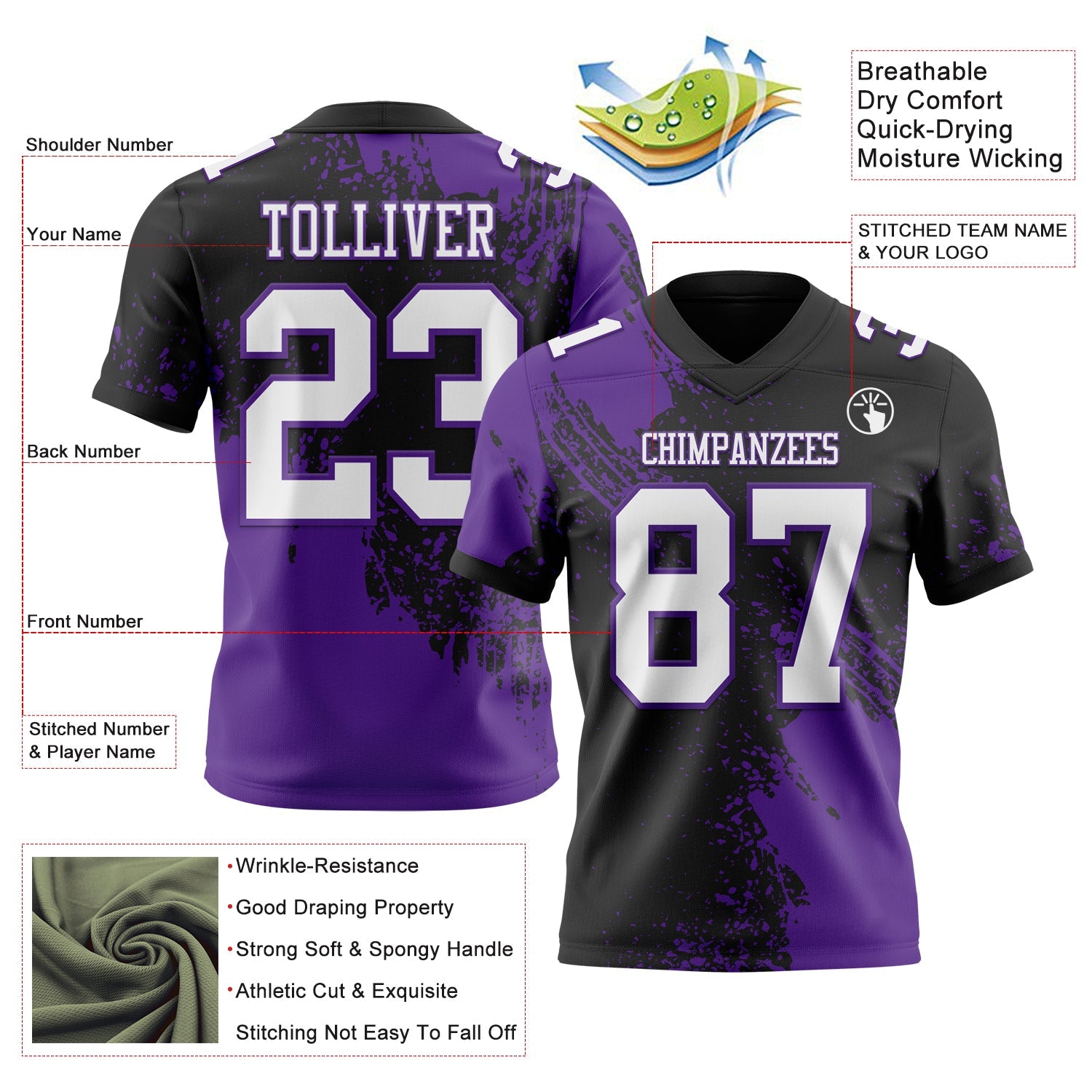 Custom Black White-Purple 3D Pattern Abstract Brush Stroke Authentic Football Jersey view 2