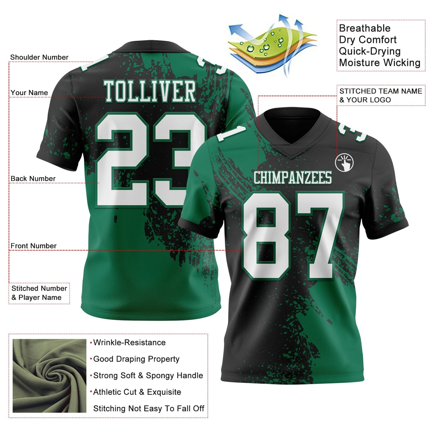 Custom Black White-Kelly Green 3D Pattern Abstract Brush Stroke Authentic Football Jersey view 2