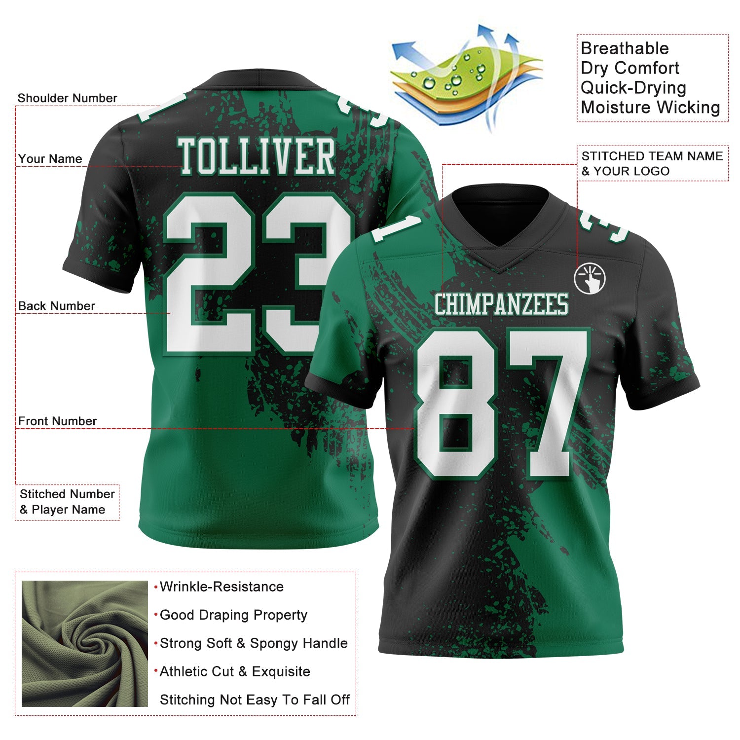 Custom Black White-Kelly Green 3D Pattern Abstract Brush Stroke Authentic Football Jersey view 2