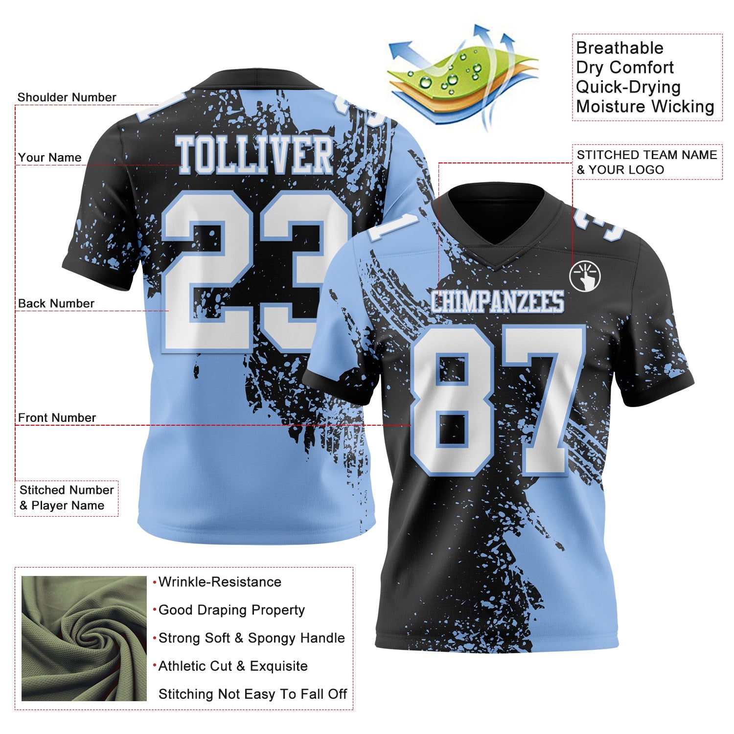 Custom Black White-Light Blue 3D Pattern Abstract Brush Stroke Authentic Football Jersey view 2