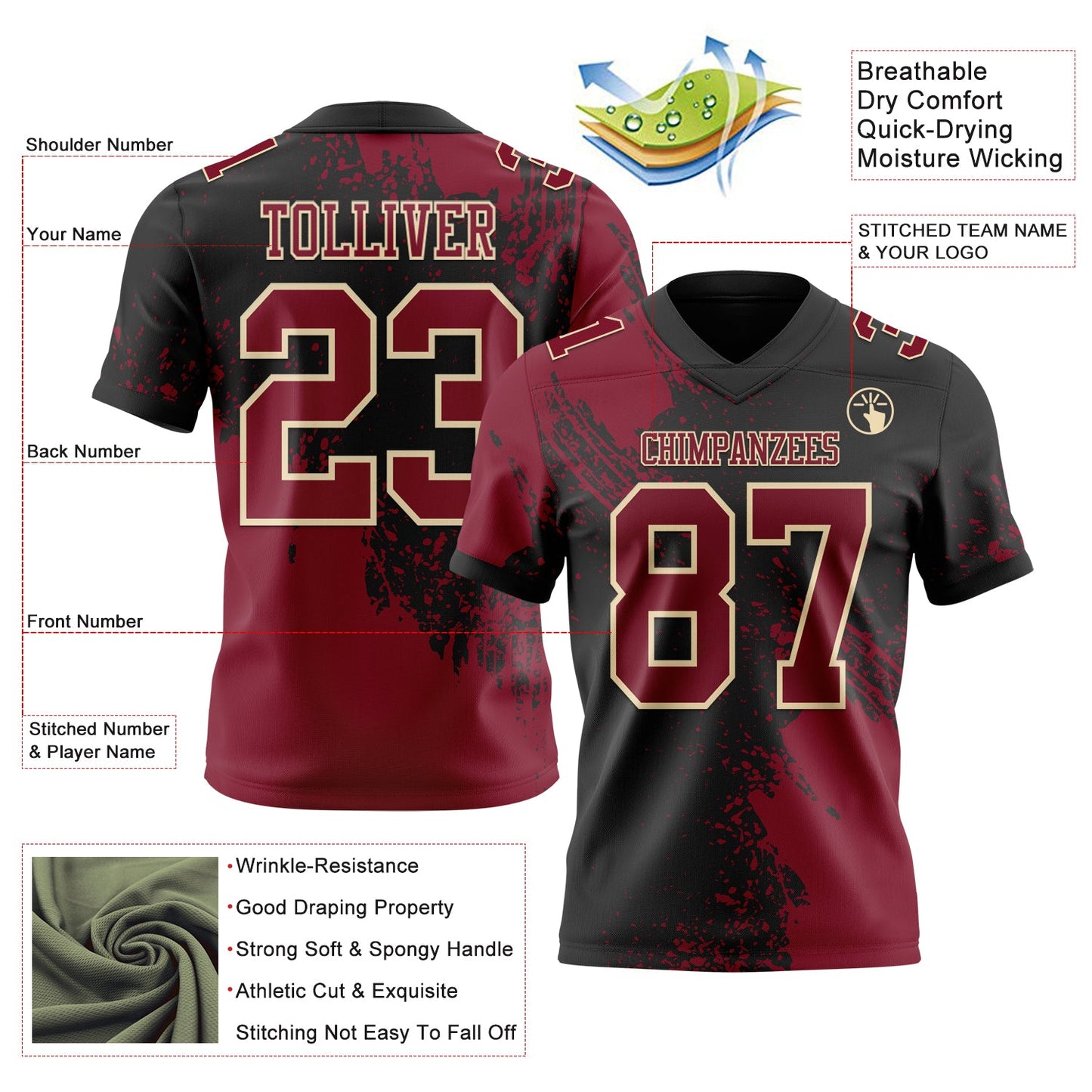 Custom Black Crimson-Cream 3D Pattern Abstract Brush Stroke Authentic Football Jersey view 2