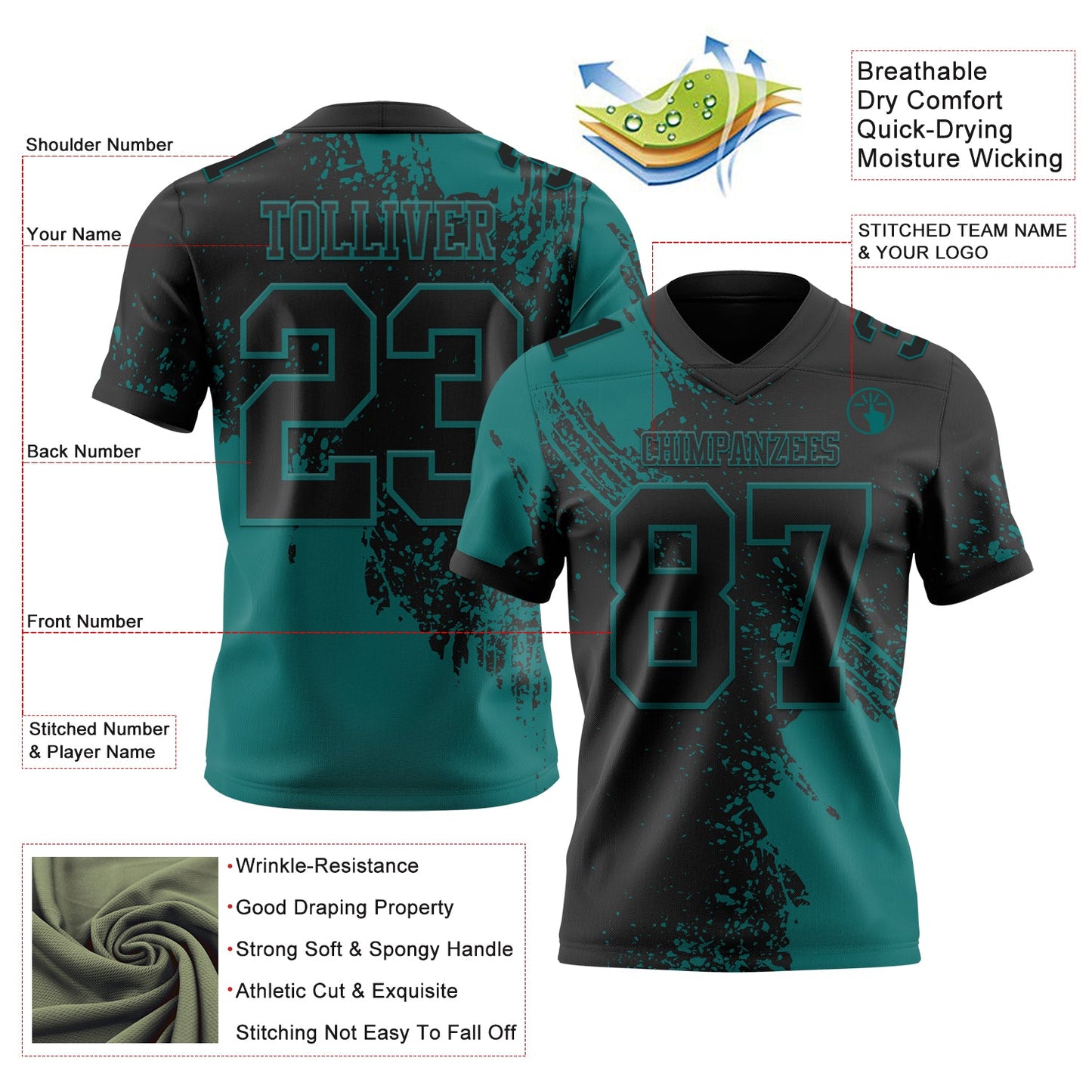 Custom Black Teal 3D Pattern Abstract Brush Stroke Authentic Football Jersey view 2