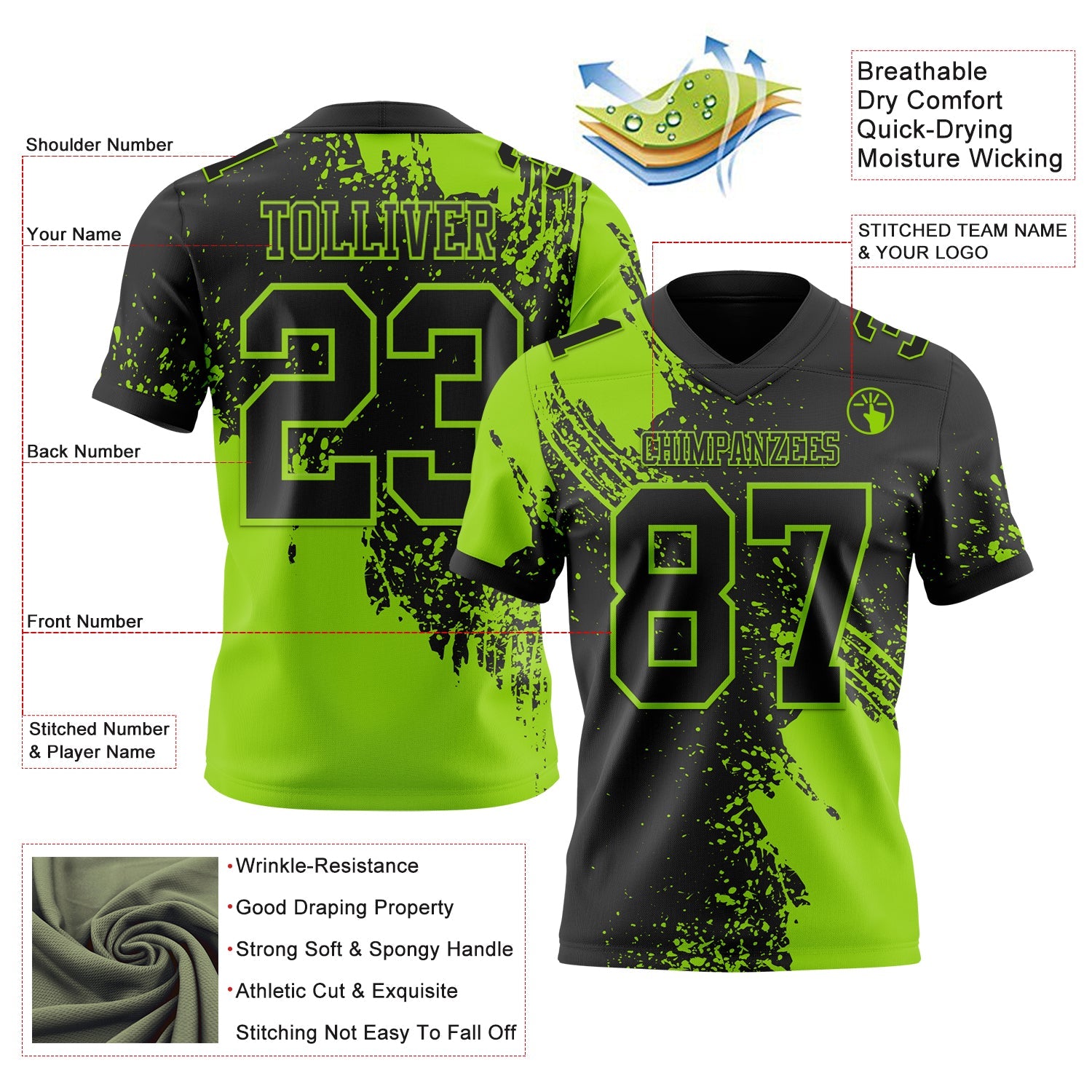 Custom Black Neon Green 3D Pattern Abstract Brush Stroke Authentic Football Jersey view 2