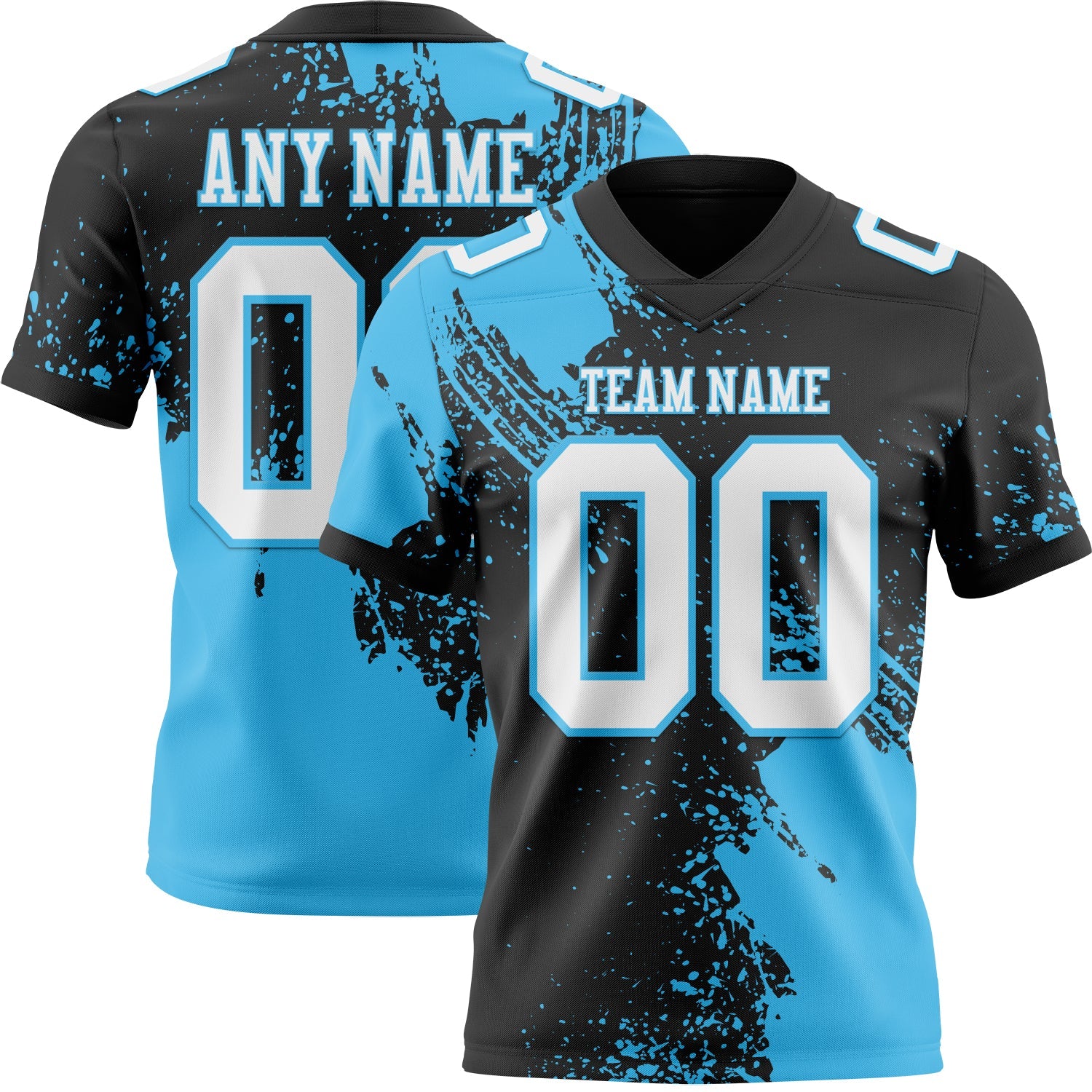 Custom Black White-Sky Blue 3D Pattern Abstract Brush Stroke Authentic Football Jersey - Main View