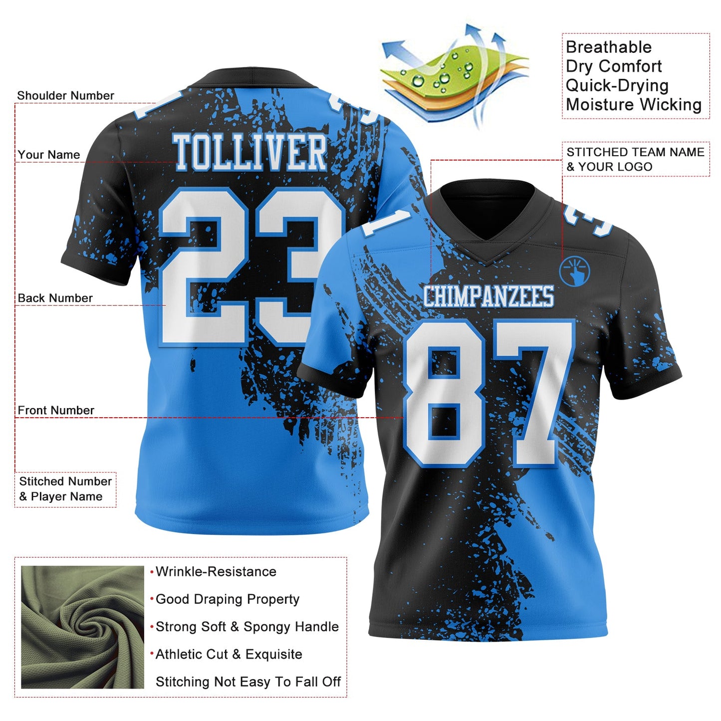 Custom Black White-Powder Blue 3D Pattern Abstract Brush Stroke Authentic Football Jersey view 2