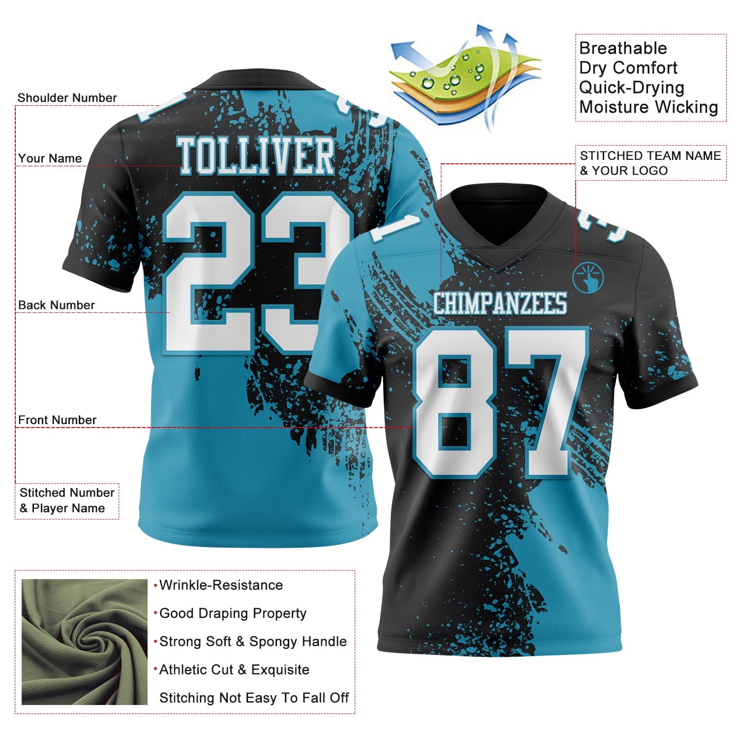 Custom Black White-Panther Blue 3D Pattern Abstract Brush Stroke Authentic Football Jersey view 2