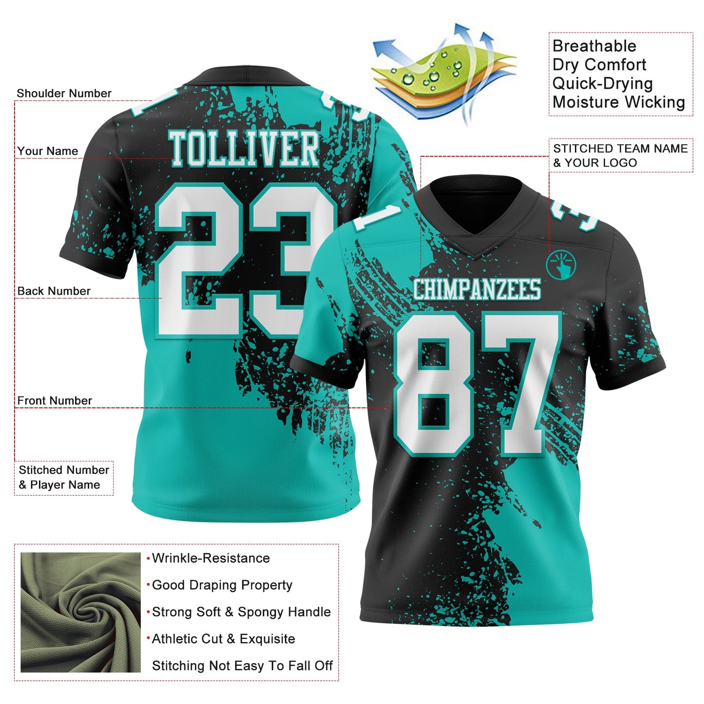 Custom Black White-Aqua 3D Pattern Abstract Brush Stroke Authentic Football Jersey view 2