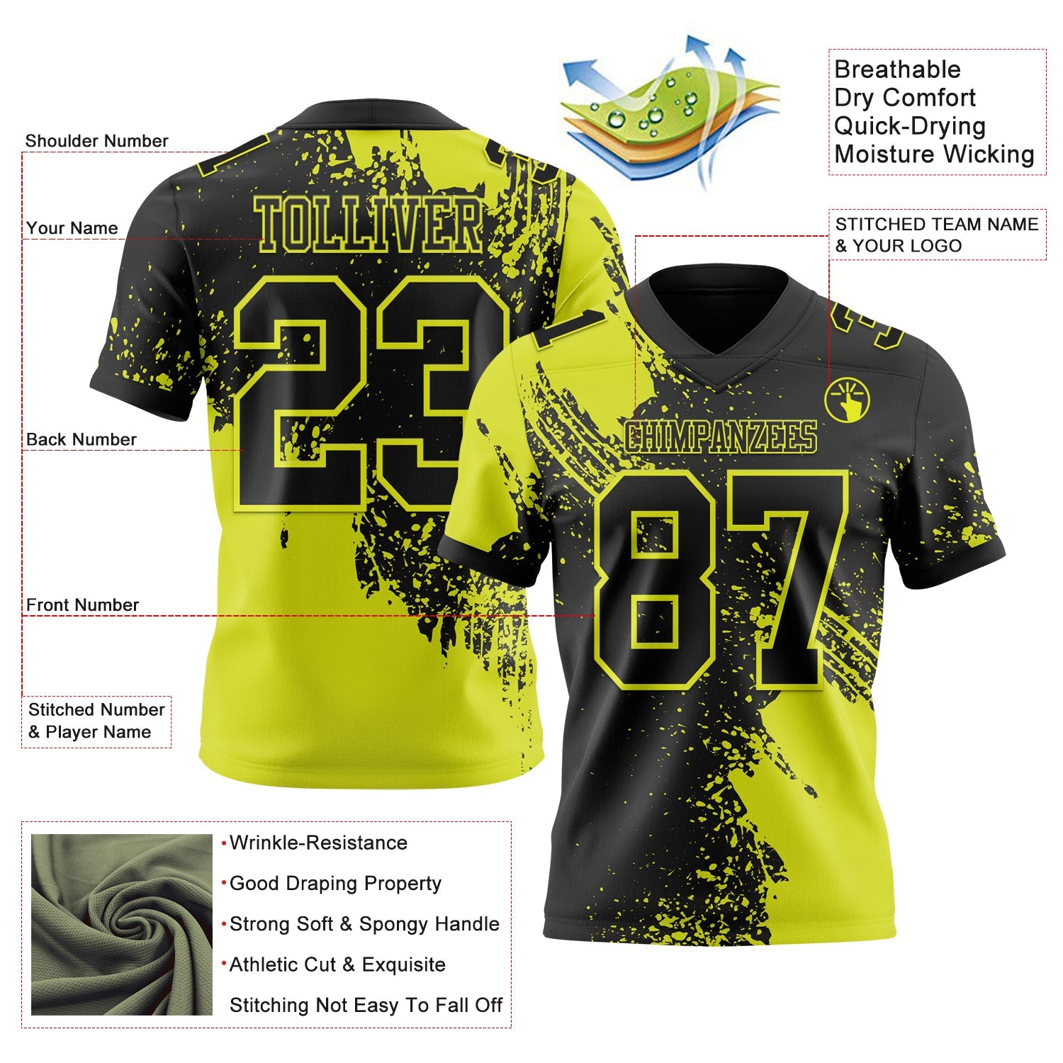 Custom Black Neon Yellow 3D Pattern Abstract Brush Stroke Authentic Football Jersey view 2