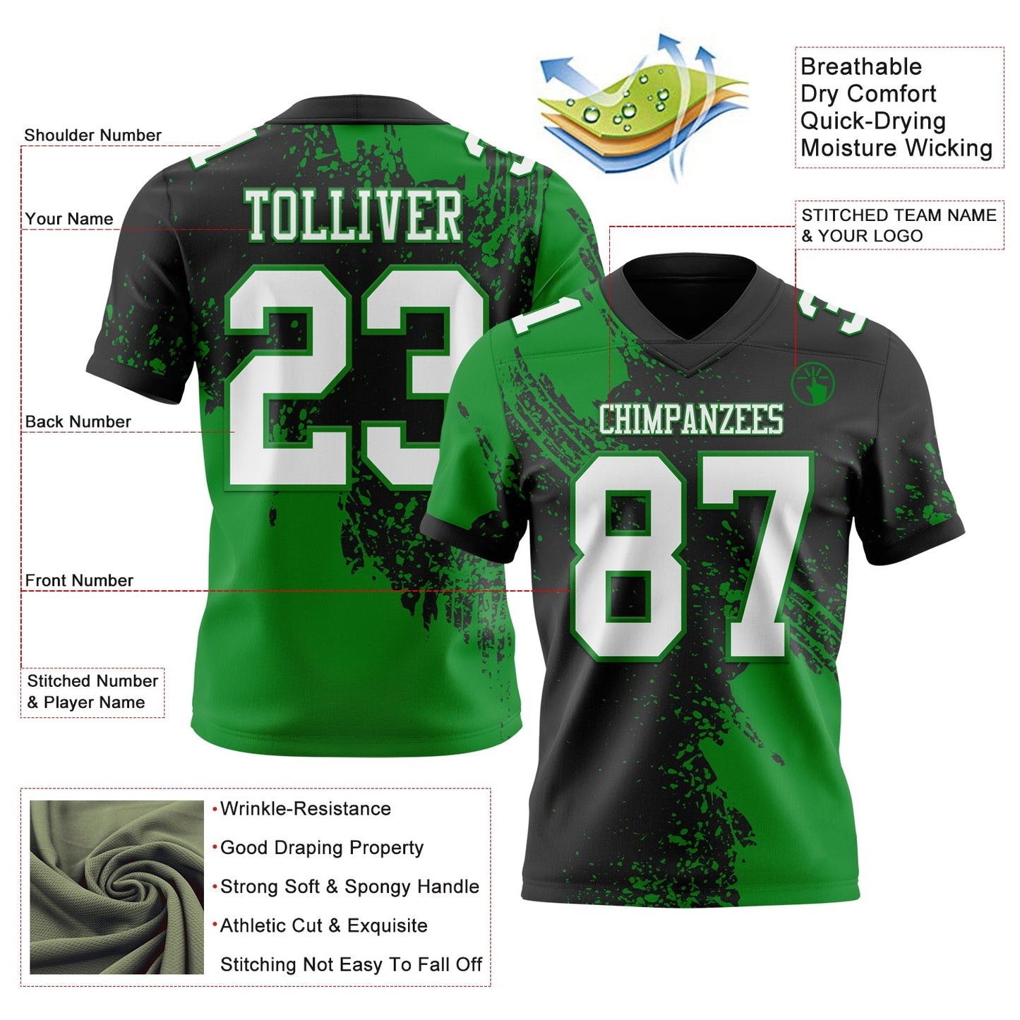 Custom Black White-Grass Green 3D Pattern Abstract Brush Stroke Authentic Football Jersey view 2