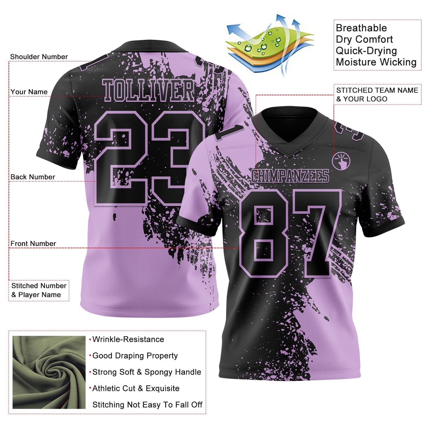 Custom Black Light Purple 3D Pattern Abstract Brush Stroke Authentic Football Jersey view 2