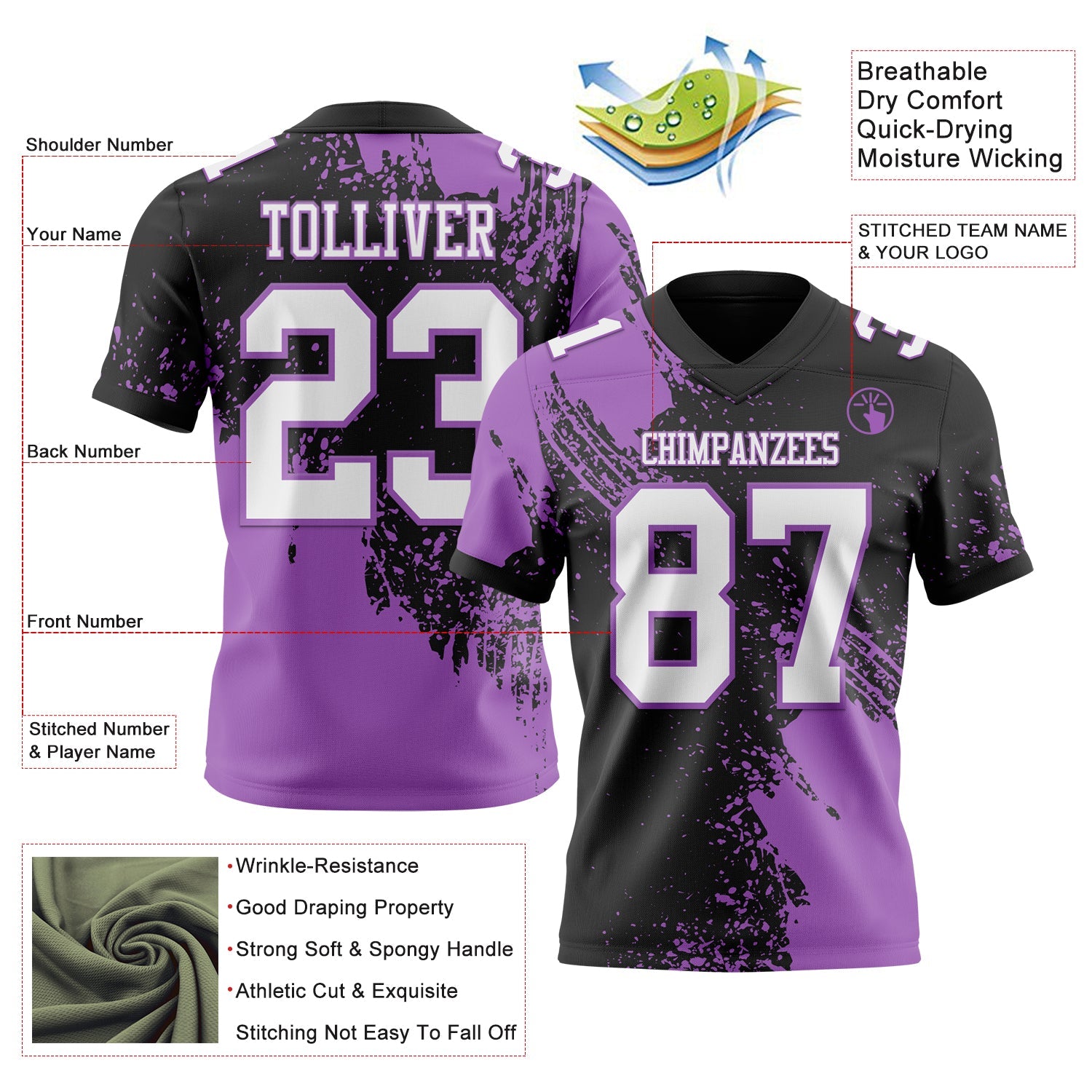Custom Black White-Medium Purple 3D Pattern Abstract Brush Stroke Authentic Football Jersey view 2