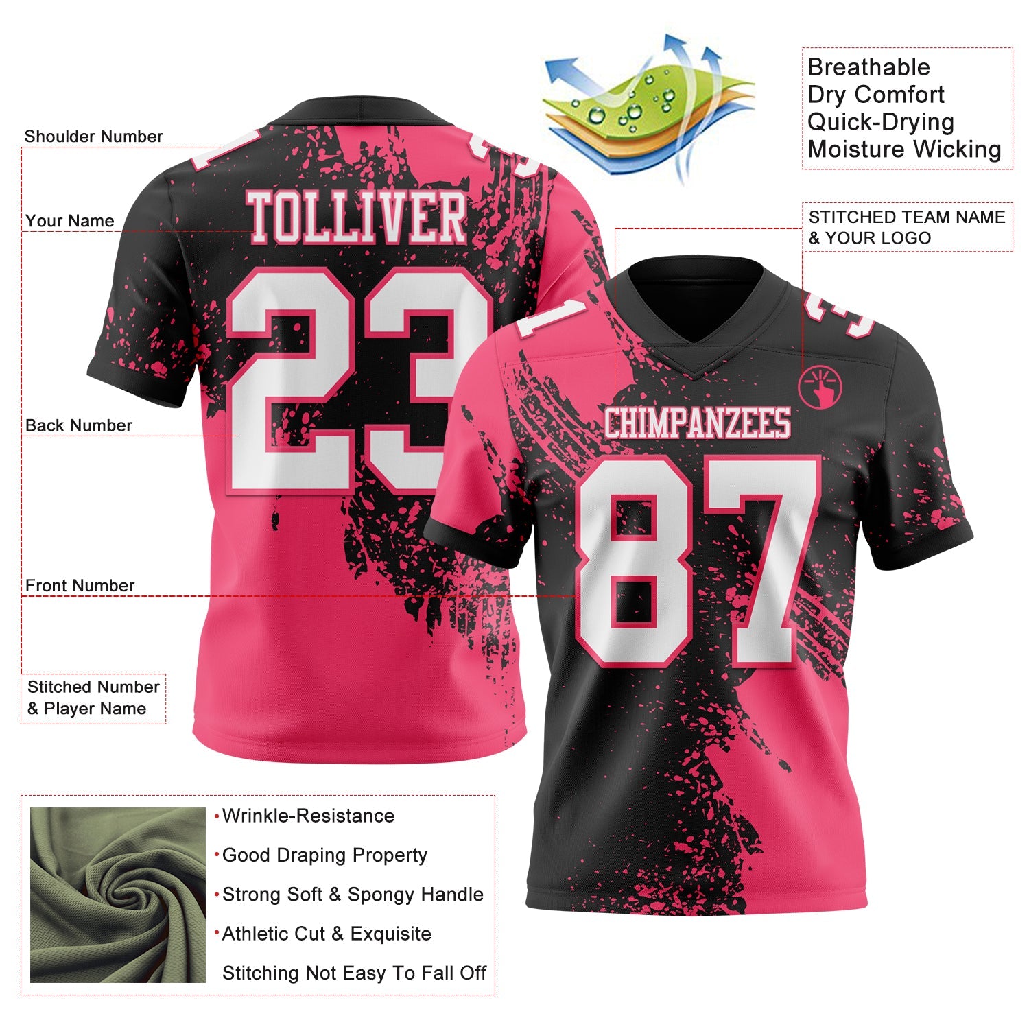 Custom Black White-Neon Pink 3D Pattern Abstract Brush Stroke Authentic Football Jersey view 2