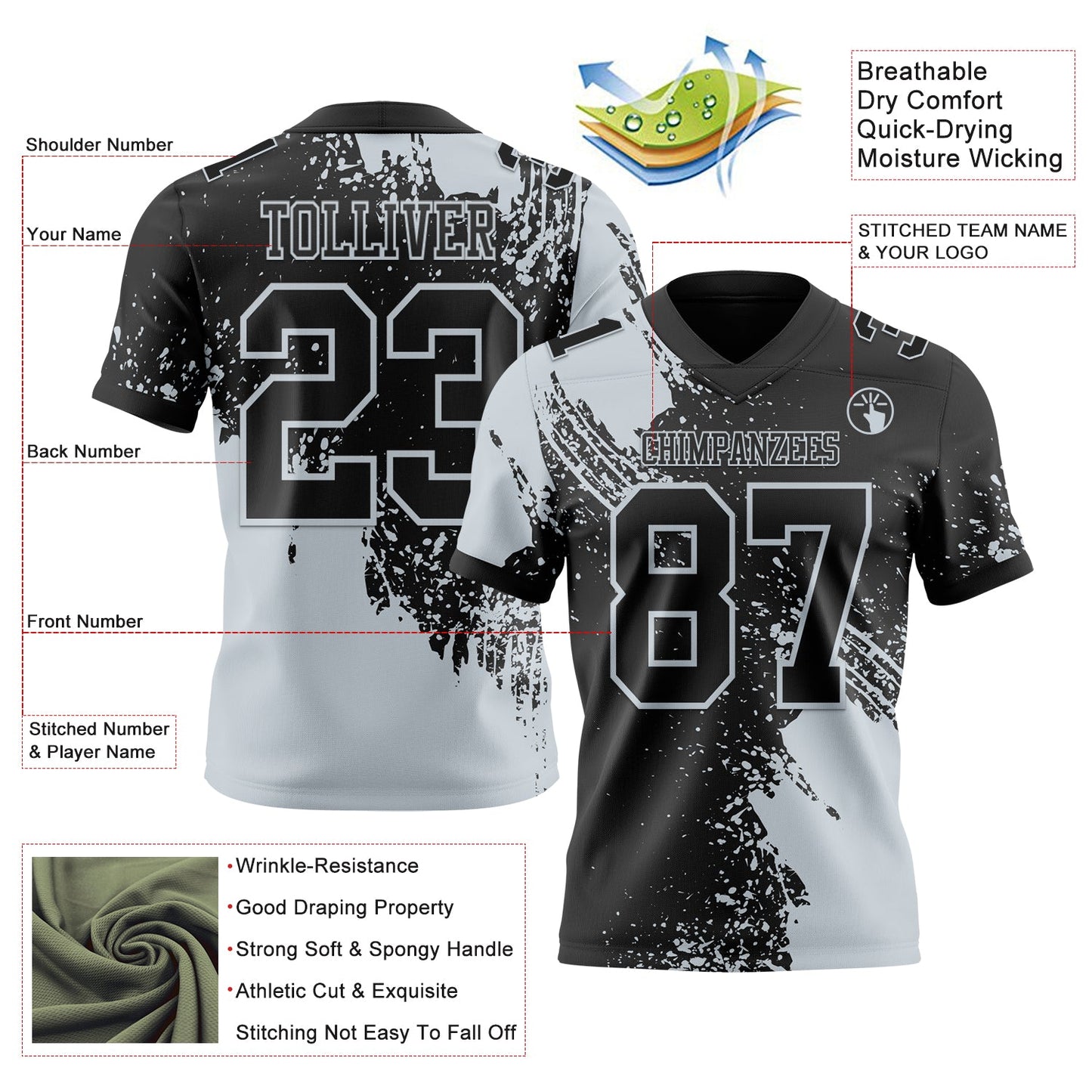 Custom Black Silver 3D Pattern Abstract Brush Stroke Authentic Football Jersey view 2