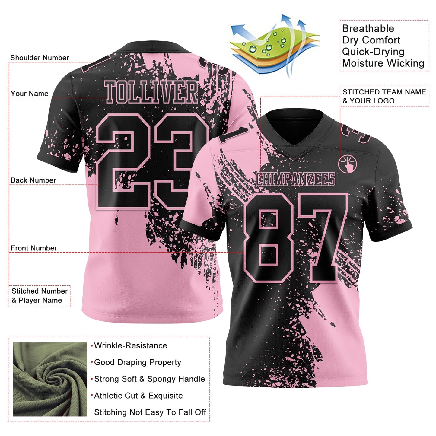 Custom Black Light Pink 3D Pattern Abstract Brush Stroke Authentic Football Jersey view 2