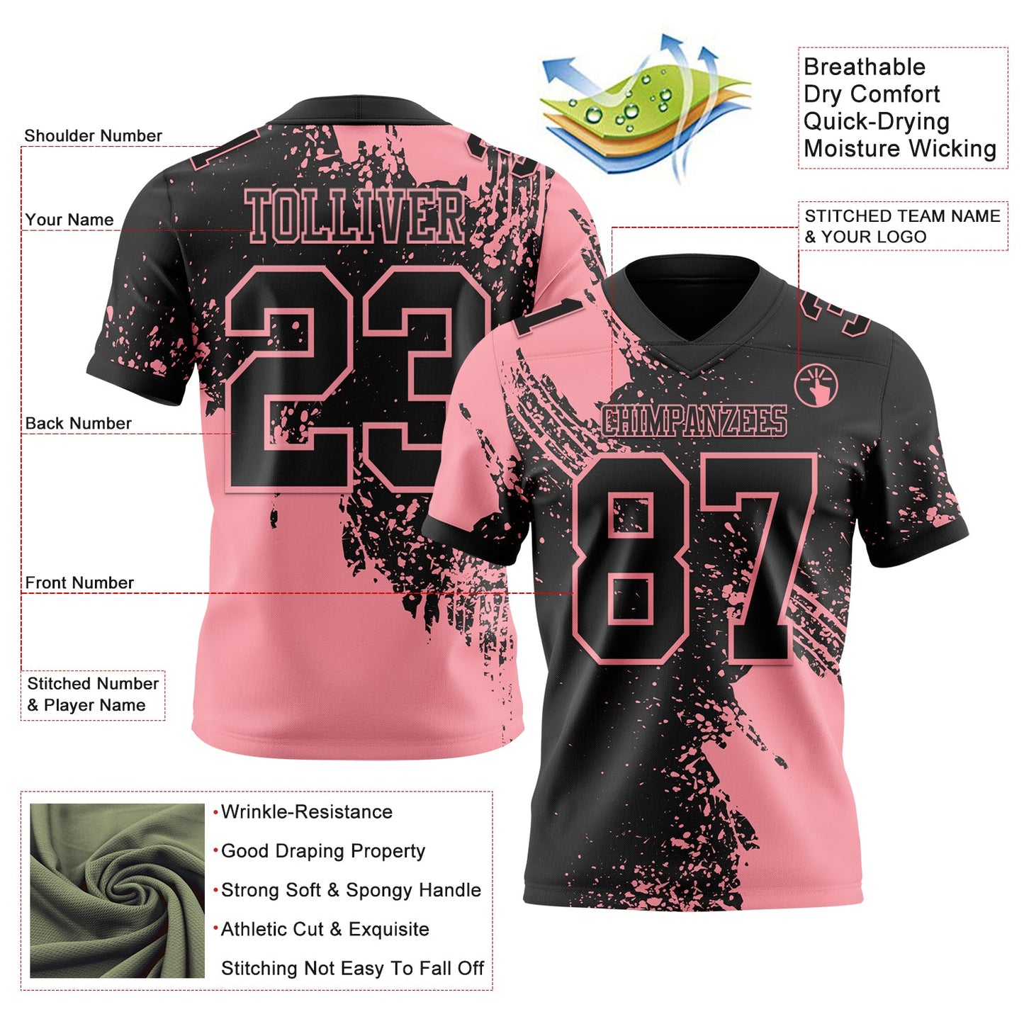 Custom Black Medium Pink 3D Pattern Abstract Brush Stroke Authentic Football Jersey view 2