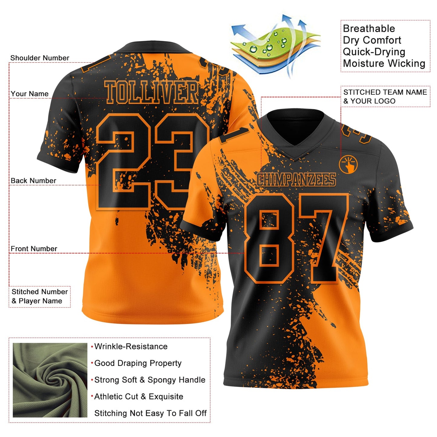 Custom Black Bay Orange 3D Pattern Abstract Brush Stroke Authentic Football Jersey view 2