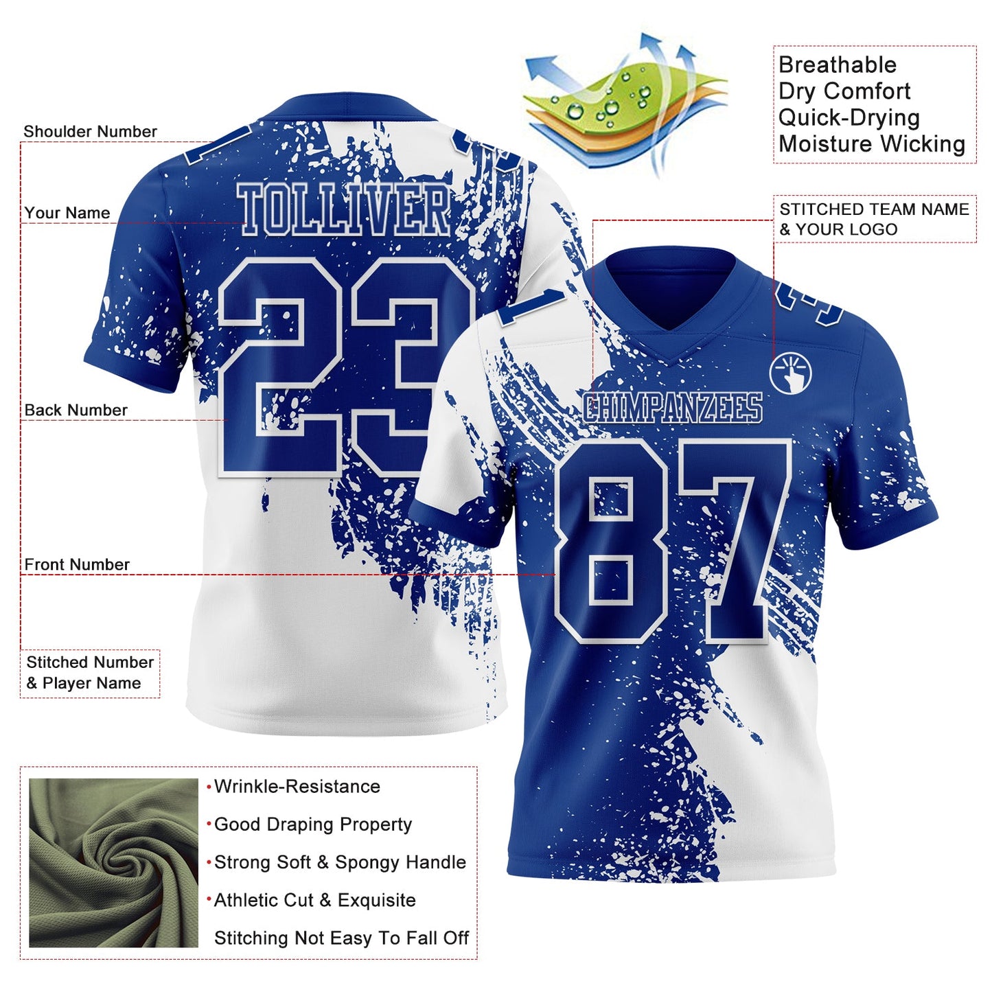 Custom Royal White 3D Pattern Abstract Brush Stroke Authentic Football Jersey view 2