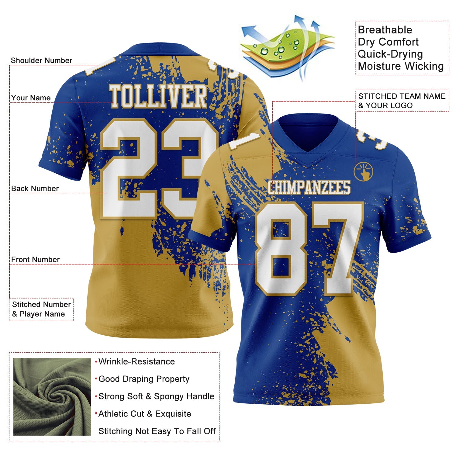 Custom Royal White-Old Gold 3D Pattern Abstract Brush Stroke Authentic Football Jersey view 2