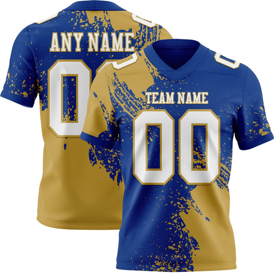 Custom Royal White-Old Gold 3D Pattern Abstract Brush Stroke Authentic Football Jersey - Main View