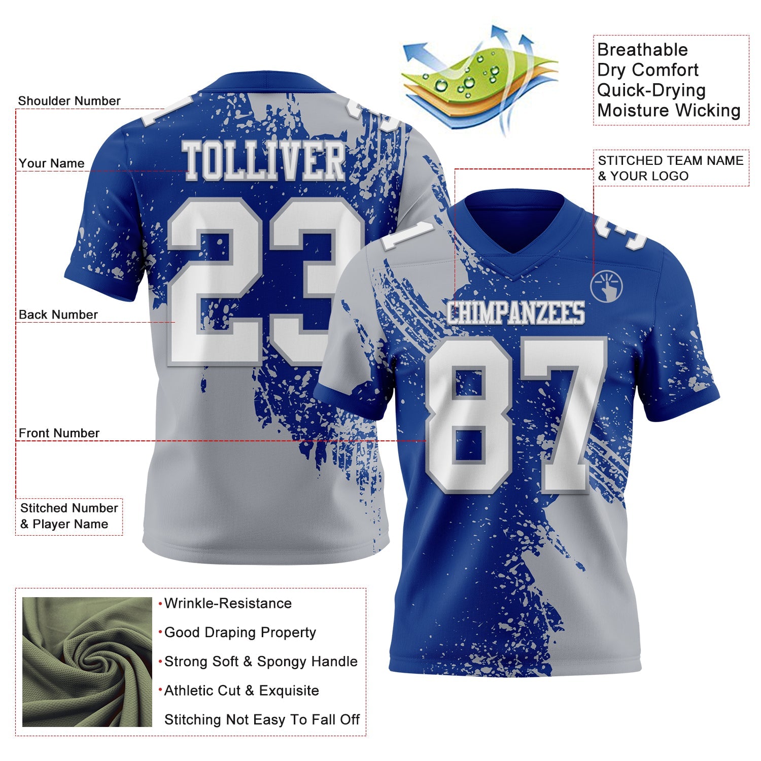 Custom Royal White-Gray 3D Pattern Abstract Brush Stroke Authentic Football Jersey view 2