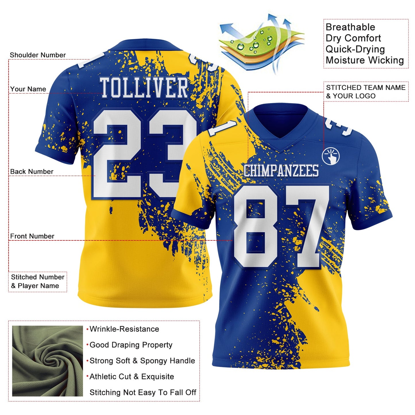 Custom Royal White-Gold 3D Pattern Abstract Brush Stroke Authentic Football Jersey view 2