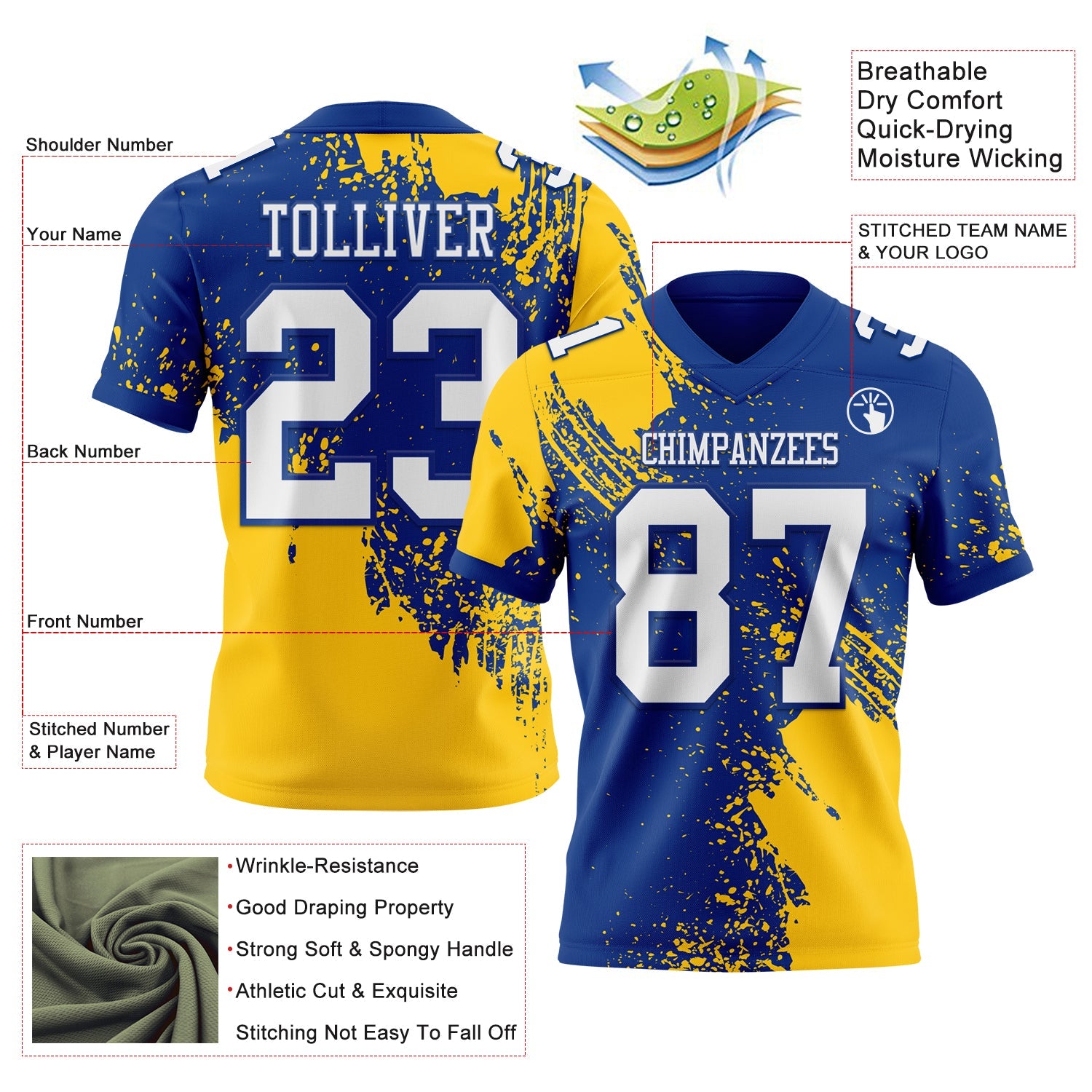 Custom Royal White-Gold 3D Pattern Abstract Brush Stroke Authentic Football Jersey view 2