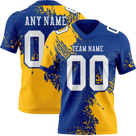 Custom Royal White-Gold 3D Pattern Abstract Brush Stroke Authentic Football Jersey - Main View
