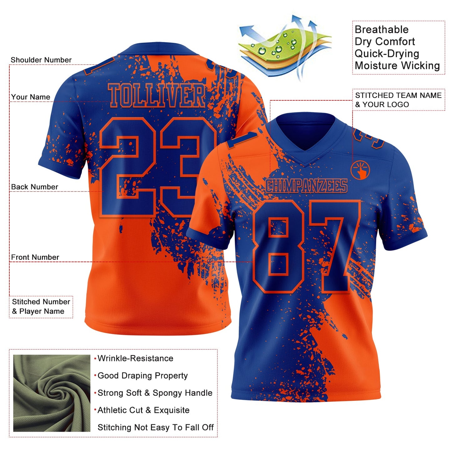 Custom Royal Orange 3D Pattern Abstract Brush Stroke Authentic Football Jersey view 2
