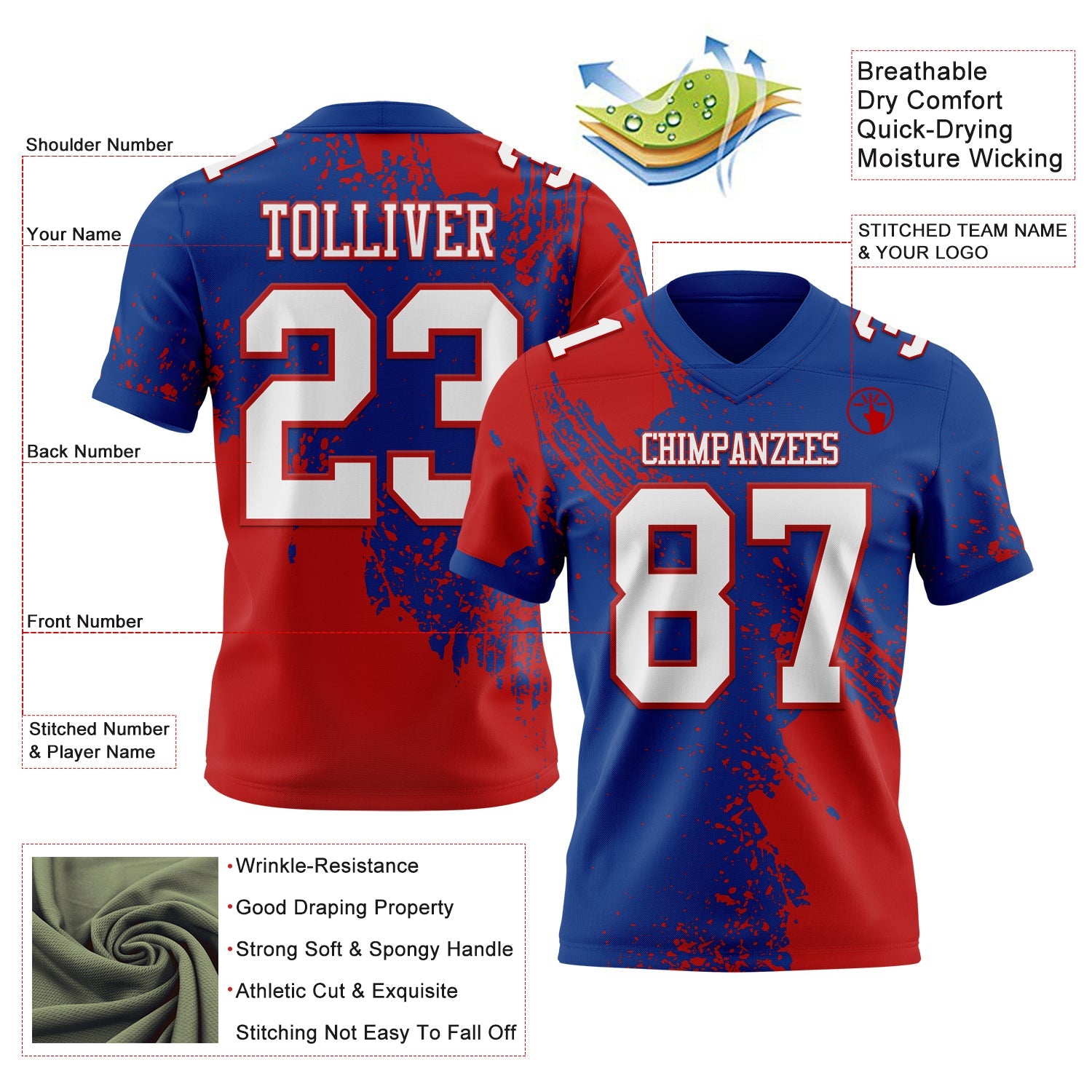Custom Royal White-Red 3D Pattern Abstract Brush Stroke Authentic Football Jersey view 2