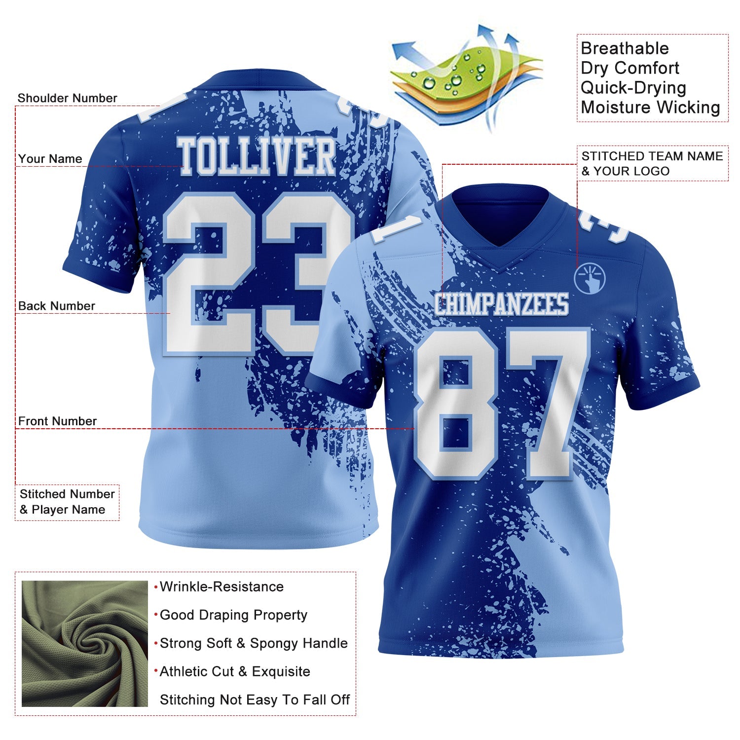 Custom Royal White-Light Blue 3D Pattern Abstract Brush Stroke Authentic Football Jersey view 2