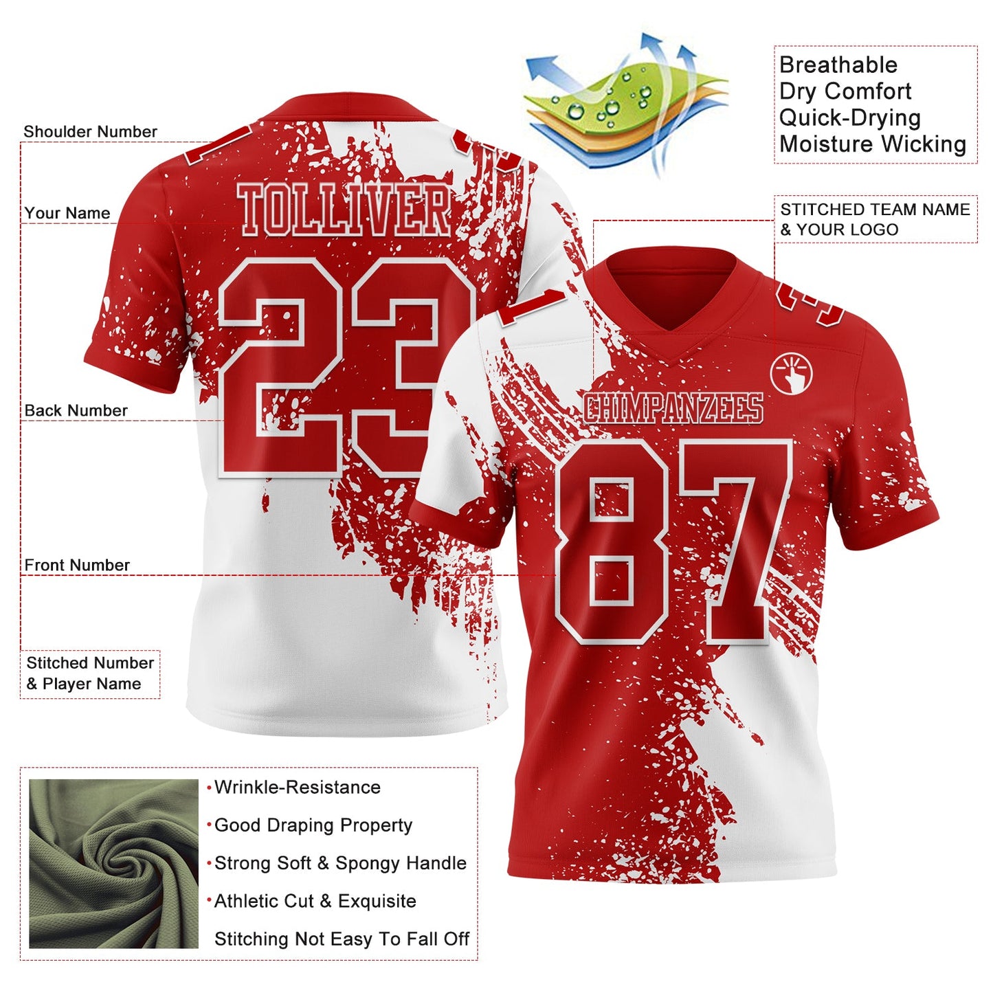 Custom Red White 3D Pattern Abstract Brush Stroke Authentic Football Jersey view 2