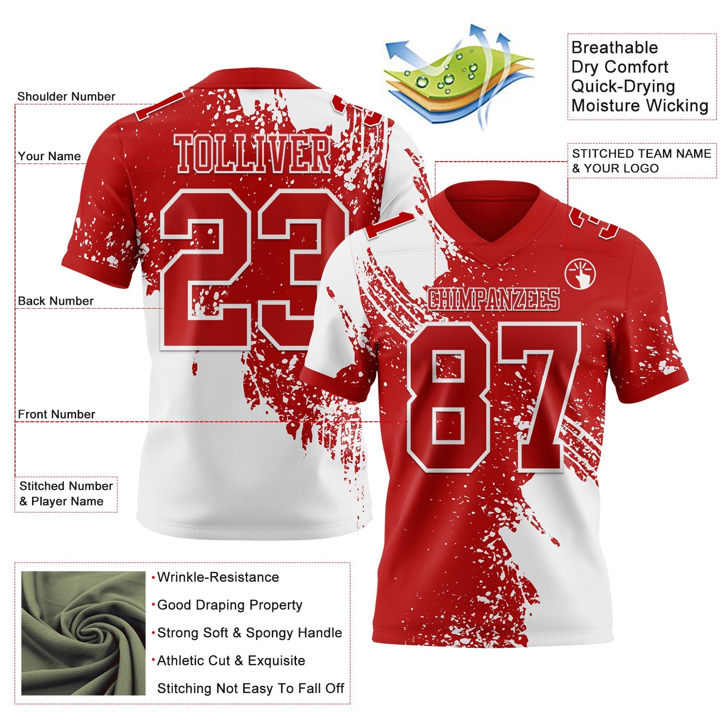 Custom Red White 3D Pattern Abstract Brush Stroke Authentic Football Jersey view 2
