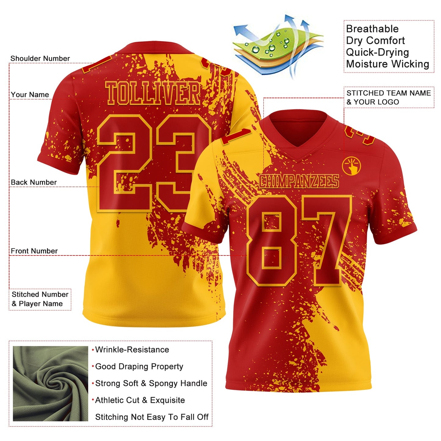 Custom Red Gold 3D Pattern Abstract Brush Stroke Authentic Football Jersey view 2