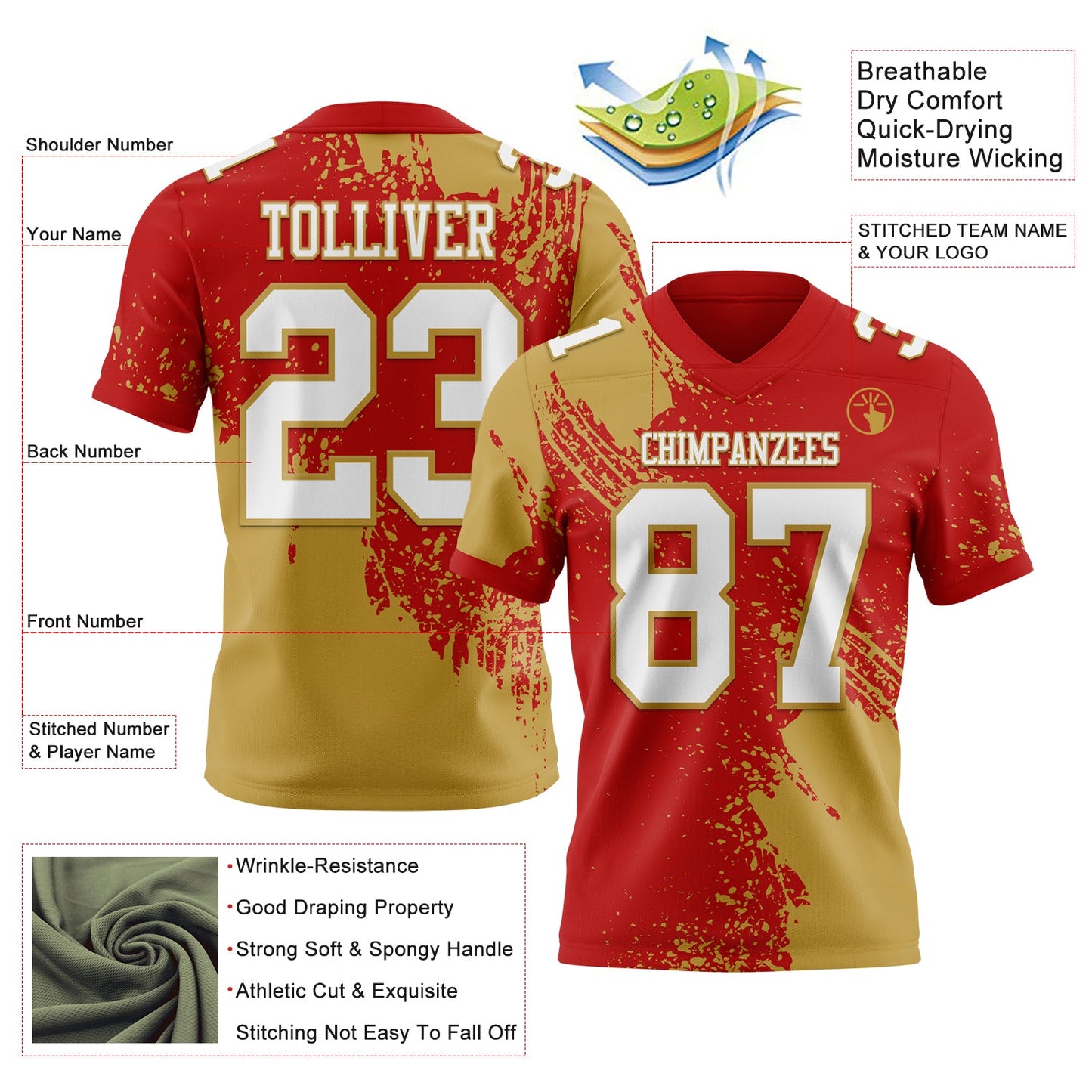 Custom Red White-Old Gold 3D Pattern Abstract Brush Stroke Authentic Football Jersey view 2