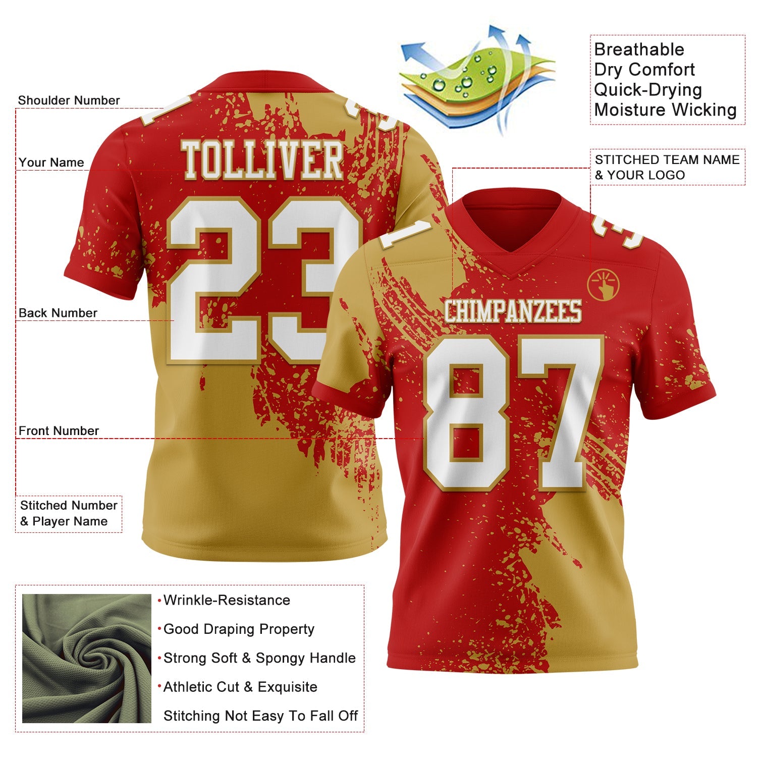 Custom Red White-Old Gold 3D Pattern Abstract Brush Stroke Authentic Football Jersey view 2