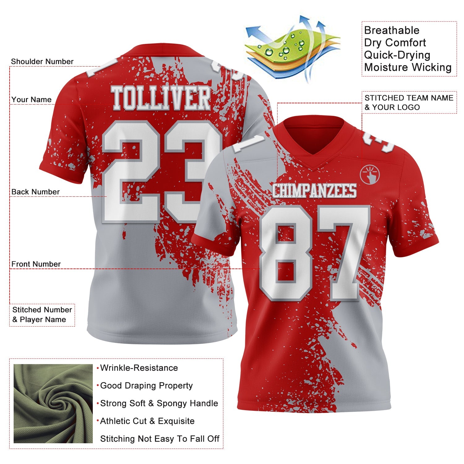 Custom Red White-Gray 3D Pattern Abstract Brush Stroke Authentic Football Jersey view 2