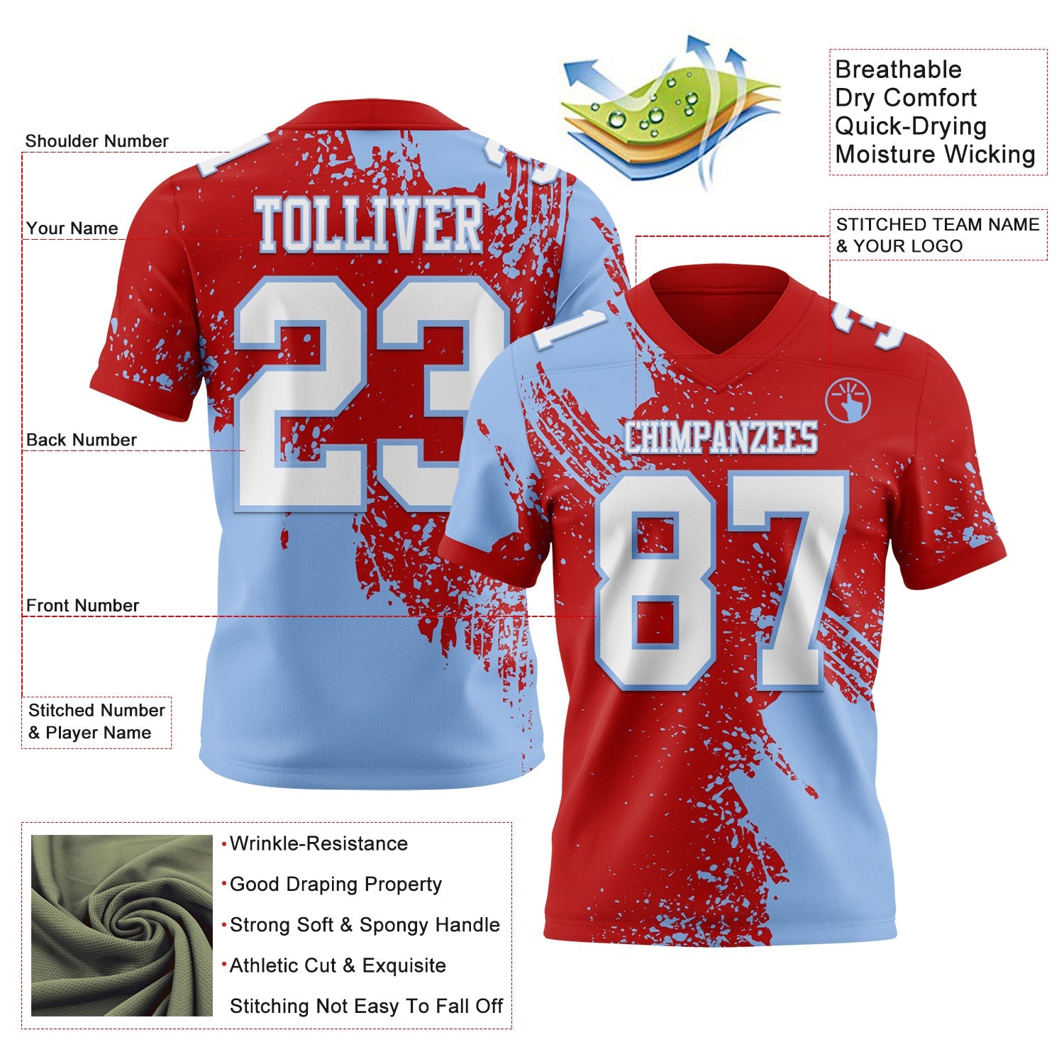 Custom Red White-Light Blue 3D Pattern Abstract Brush Stroke Authentic Football Jersey view 2