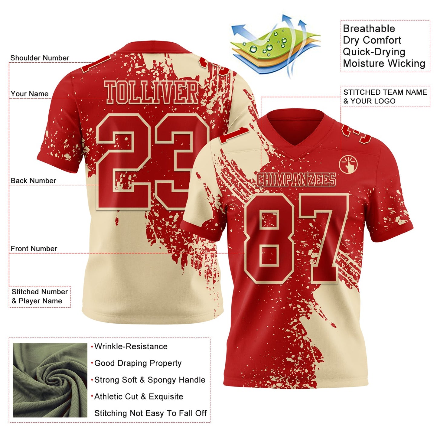 Custom Red Cream 3D Pattern Abstract Brush Stroke Authentic Football Jersey view 2