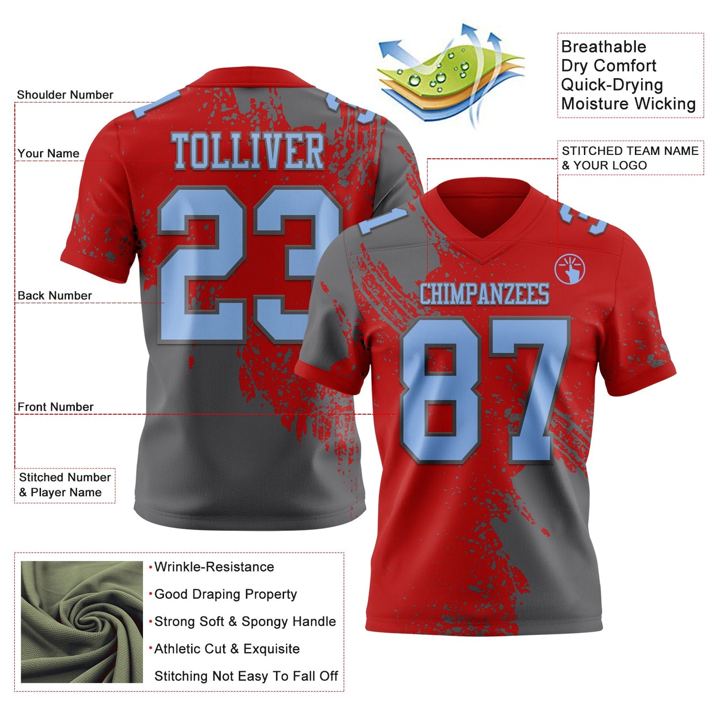 Custom Red Light Blue-Steel Gray 3D Pattern Abstract Brush Stroke Authentic Football Jersey view 2