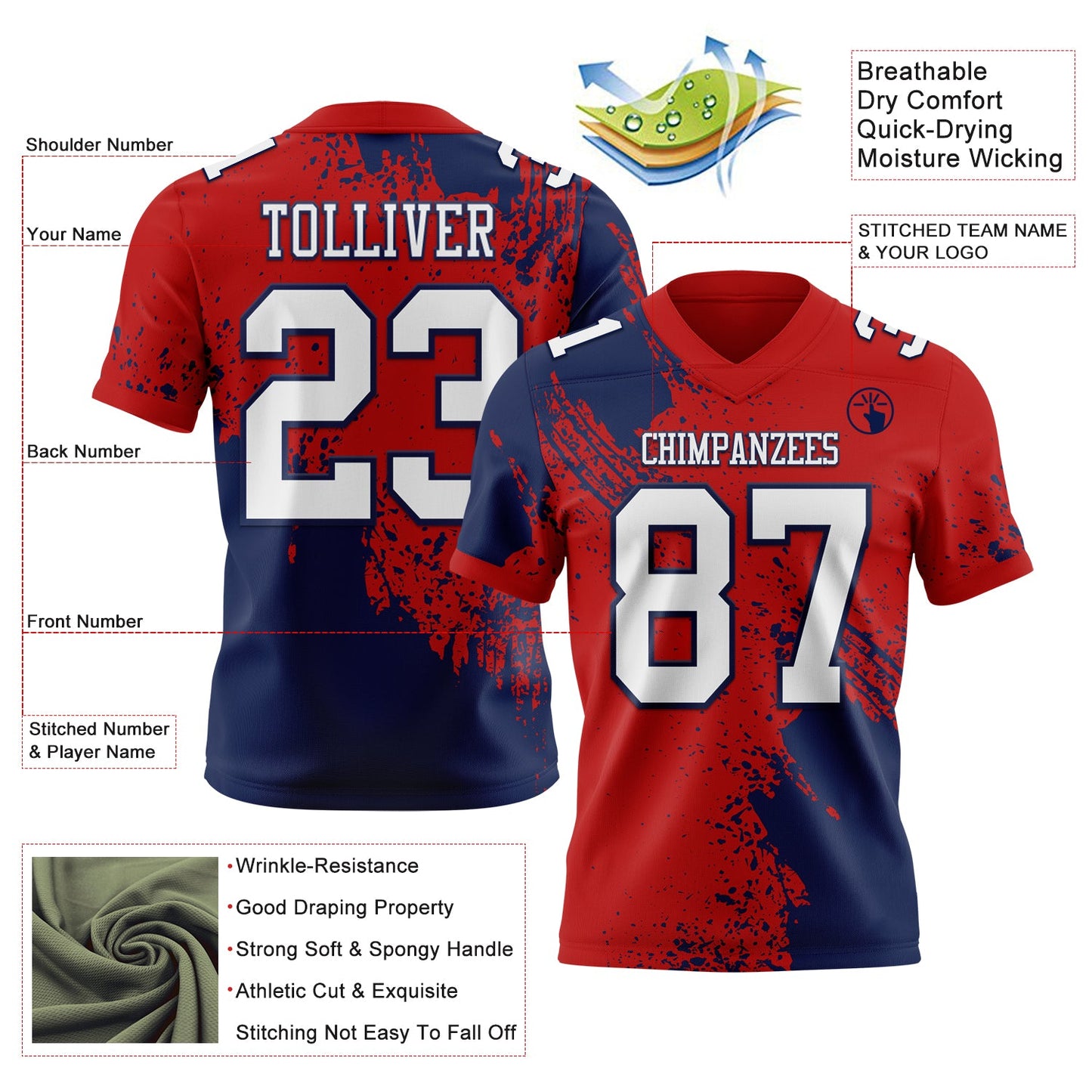Custom Red White-Navy 3D Pattern Abstract Brush Stroke Authentic Football Jersey view 2