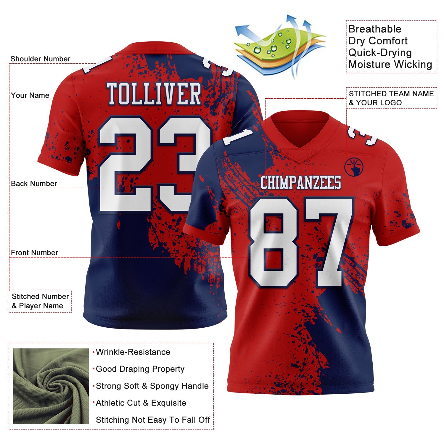 Custom Red White-Navy 3D Pattern Abstract Brush Stroke Authentic Football Jersey view 2