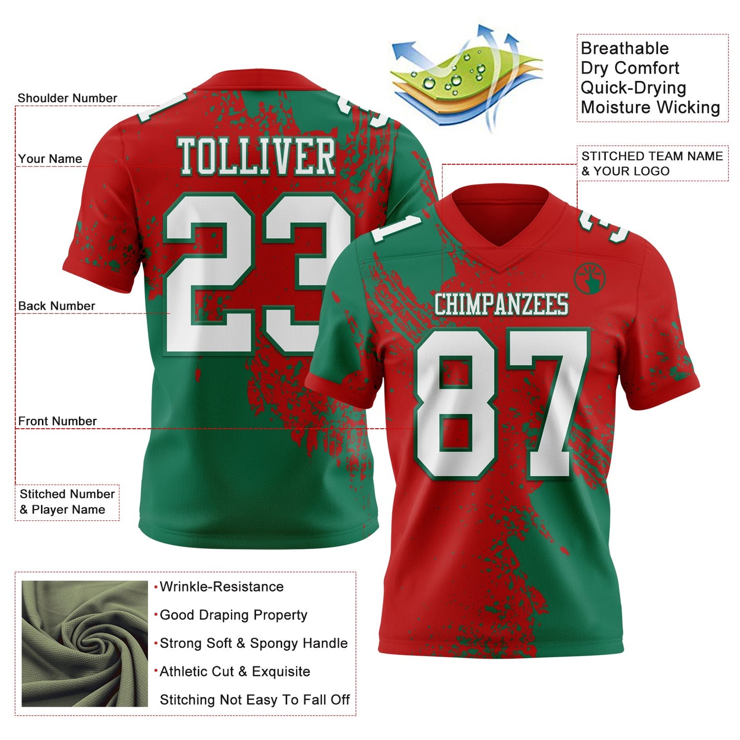 Custom Red White-Kelly Green 3D Pattern Abstract Brush Stroke Authentic Football Jersey view 2