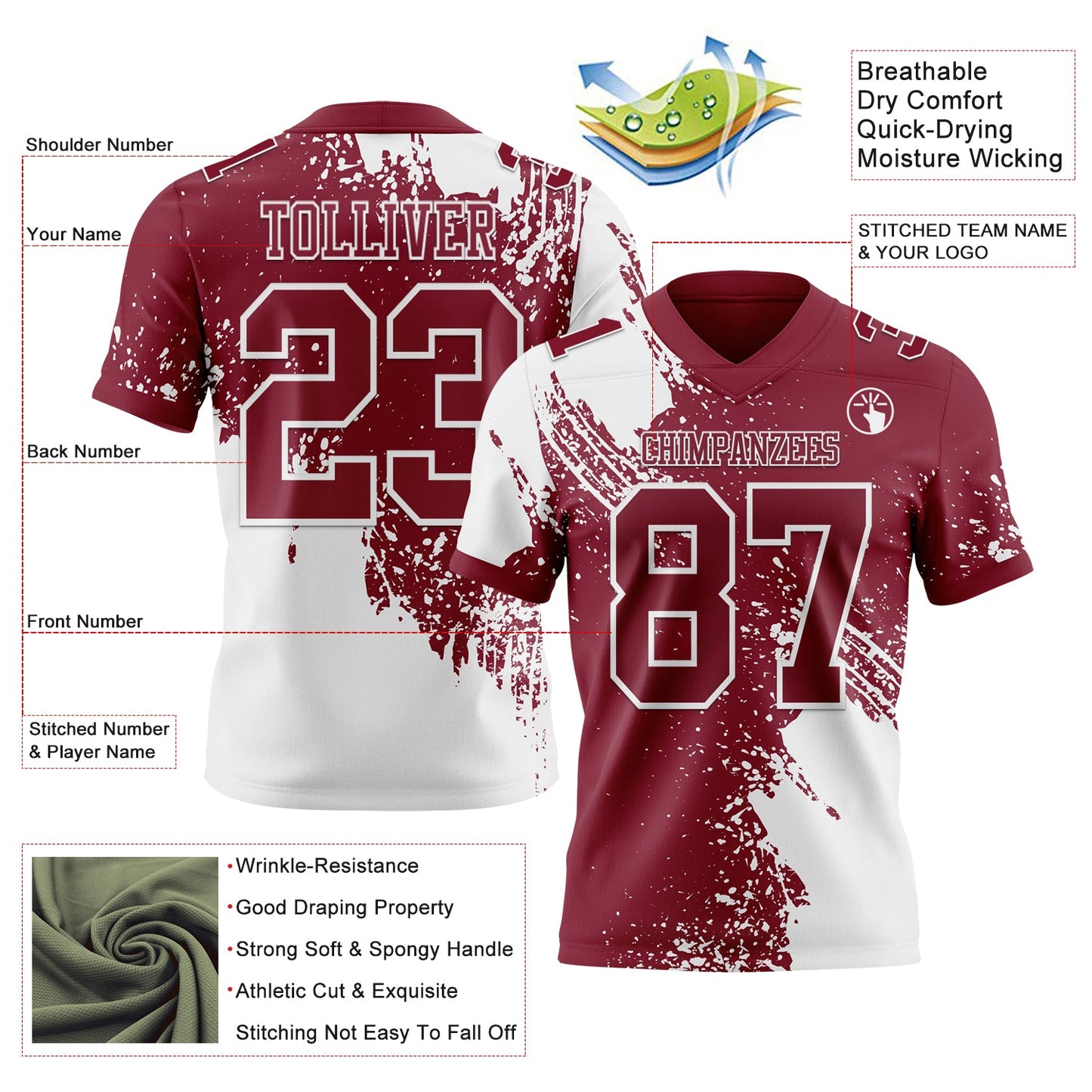 Custom Crimson White 3D Pattern Abstract Brush Stroke Authentic Football Jersey view 2