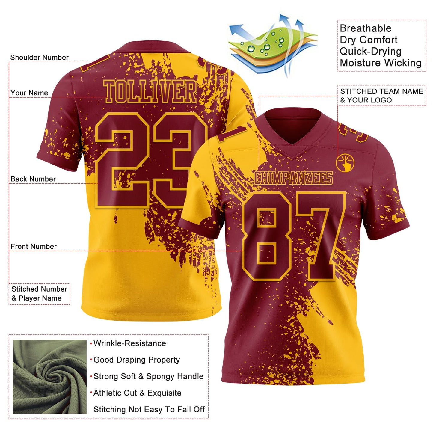 Custom Crimson Gold 3D Pattern Abstract Brush Stroke Authentic Football Jersey view 2
