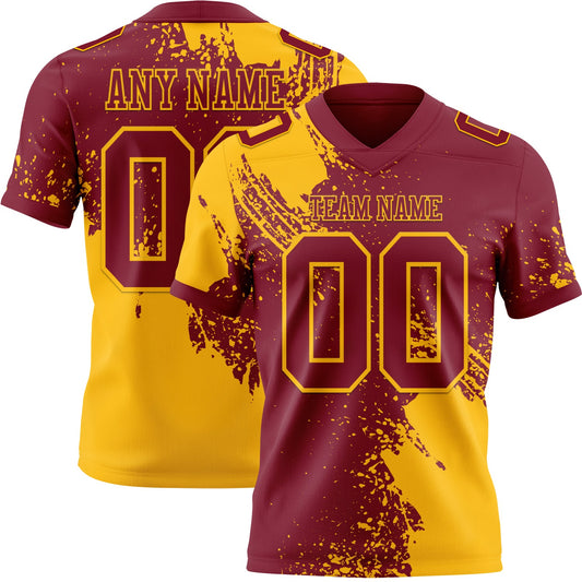 Custom Crimson Gold 3D Pattern Abstract Brush Stroke Authentic Football Jersey - Main View