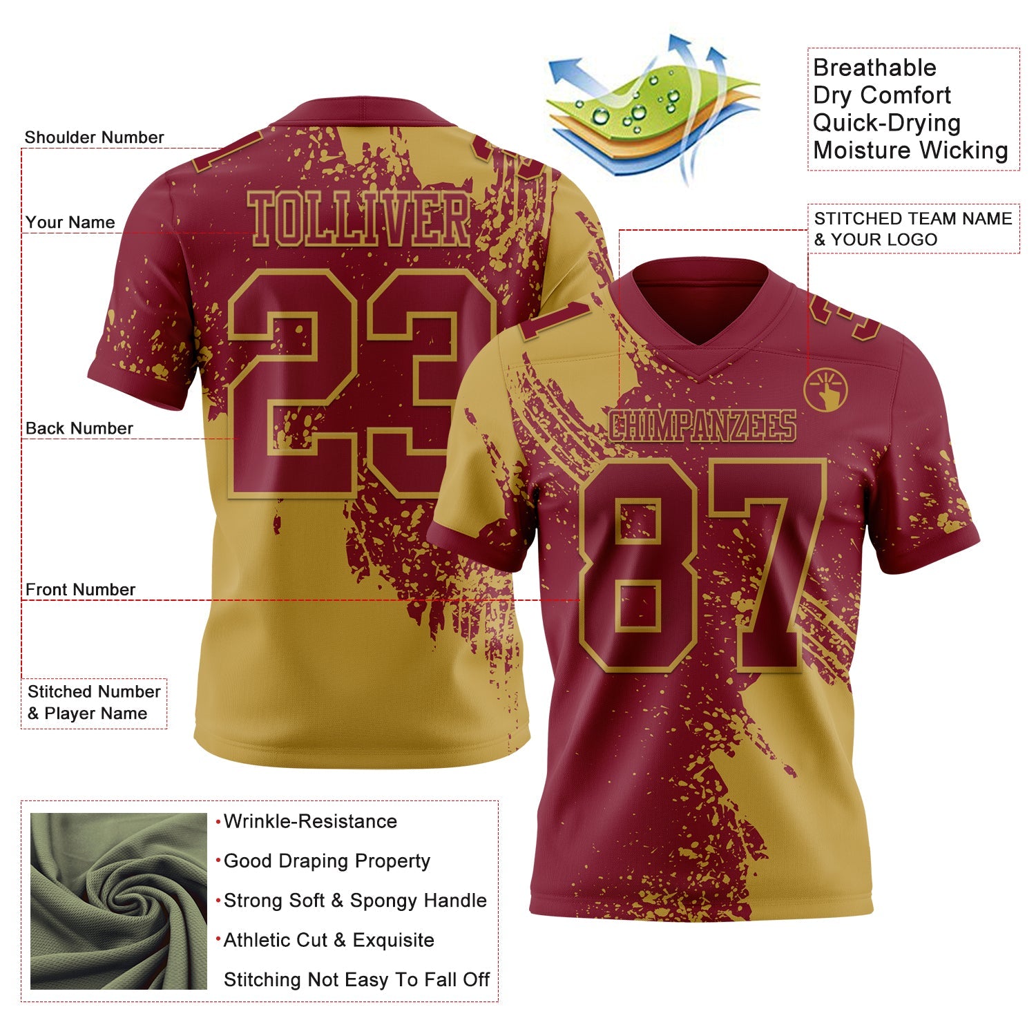 Custom Crimson Old Gold 3D Pattern Abstract Brush Stroke Authentic Football Jersey view 2