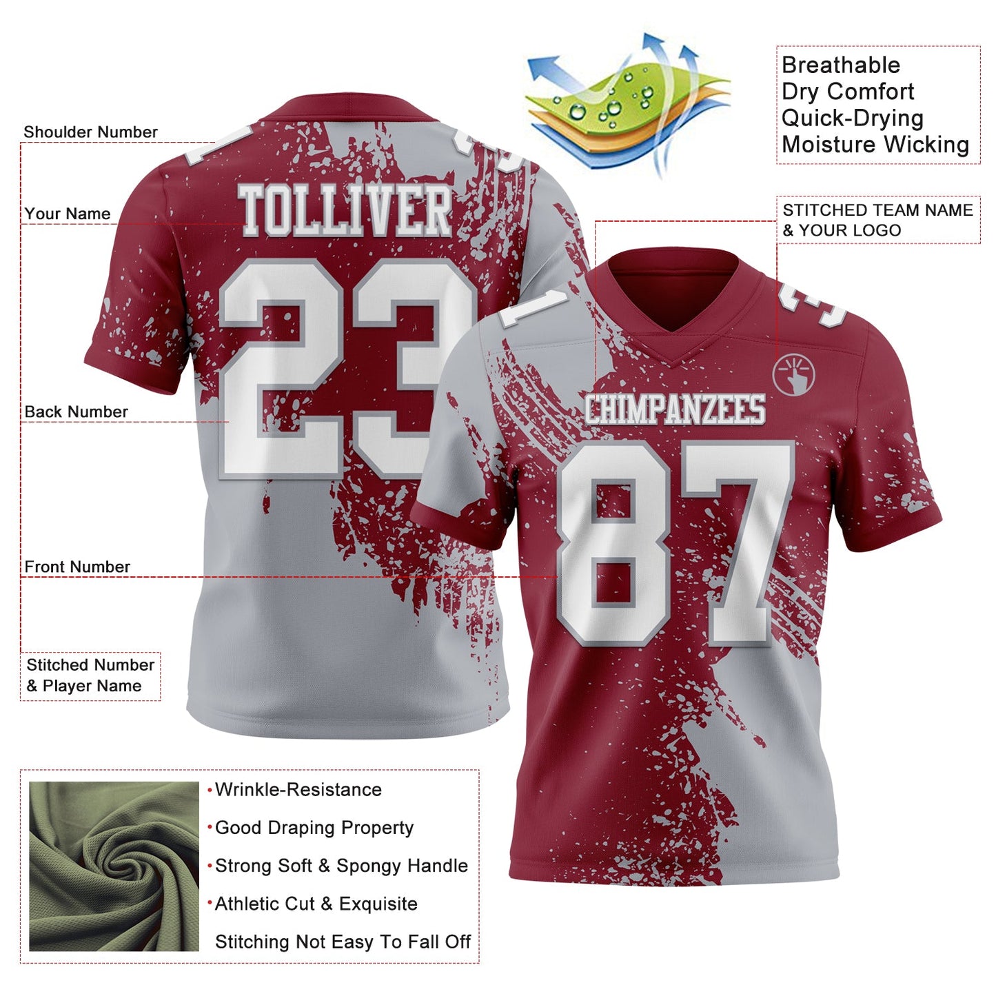 Custom Crimson White-Gray 3D Pattern Abstract Brush Stroke Authentic Football Jersey view 2