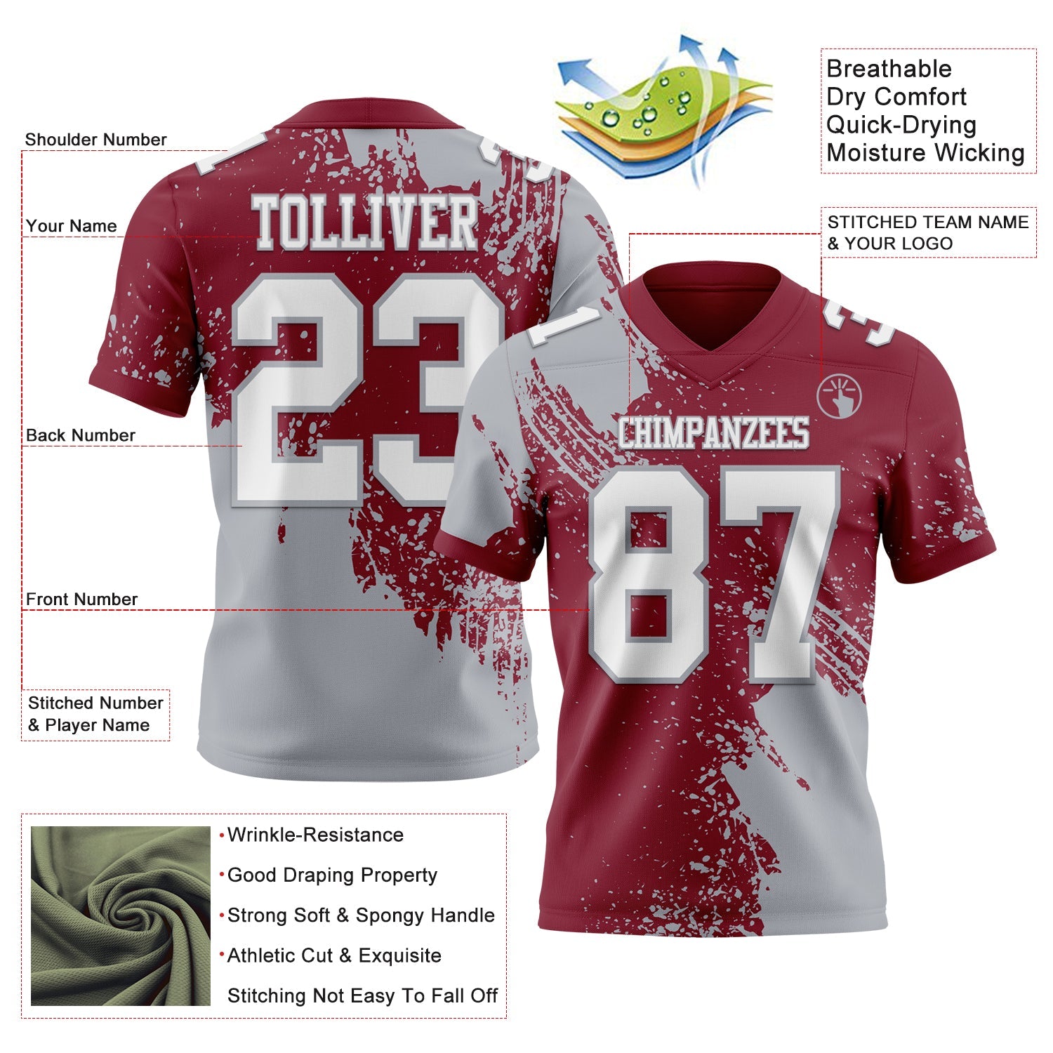 Custom Crimson White-Gray 3D Pattern Abstract Brush Stroke Authentic Football Jersey view 2