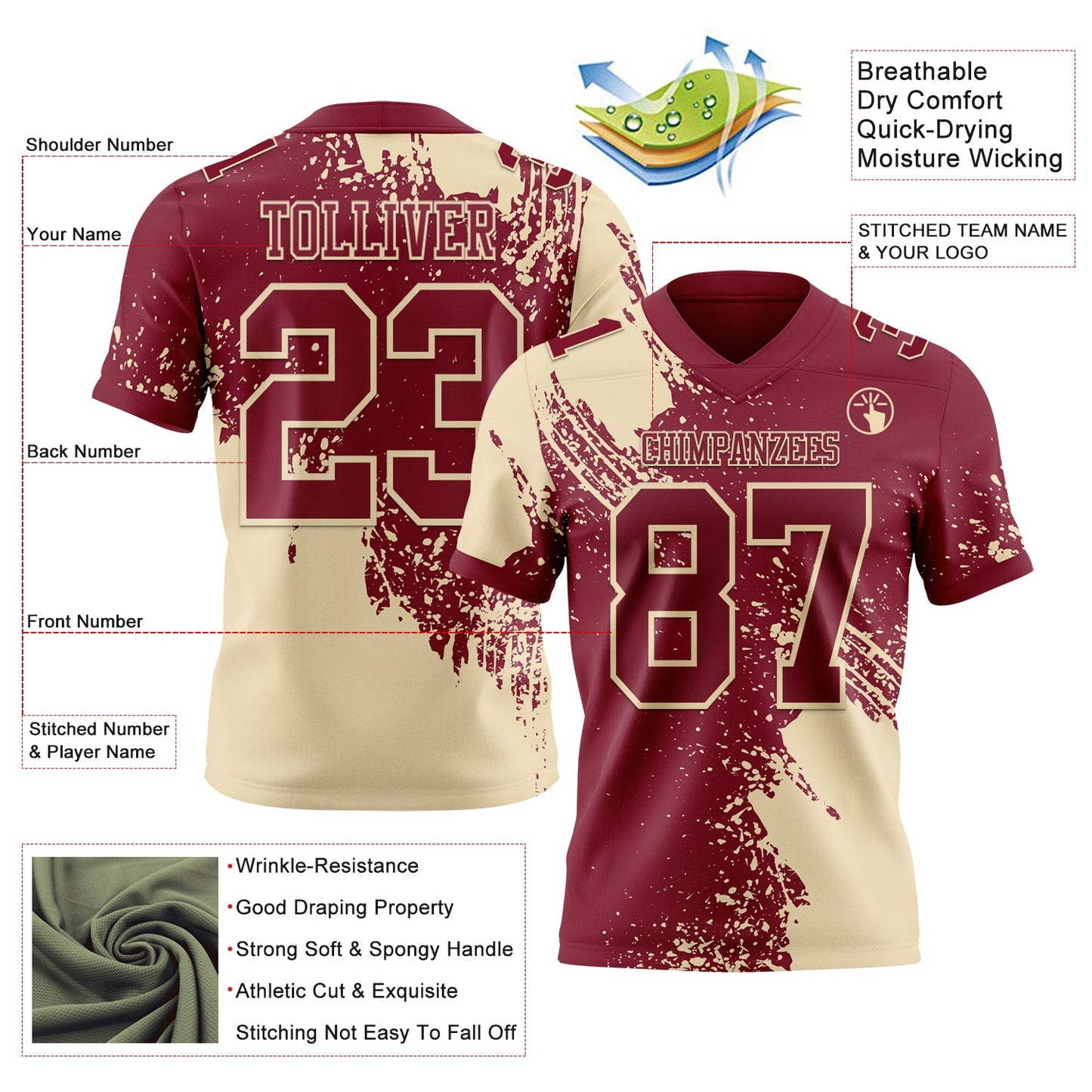 Custom Crimson Cream 3D Pattern Abstract Brush Stroke Authentic Football Jersey view 2