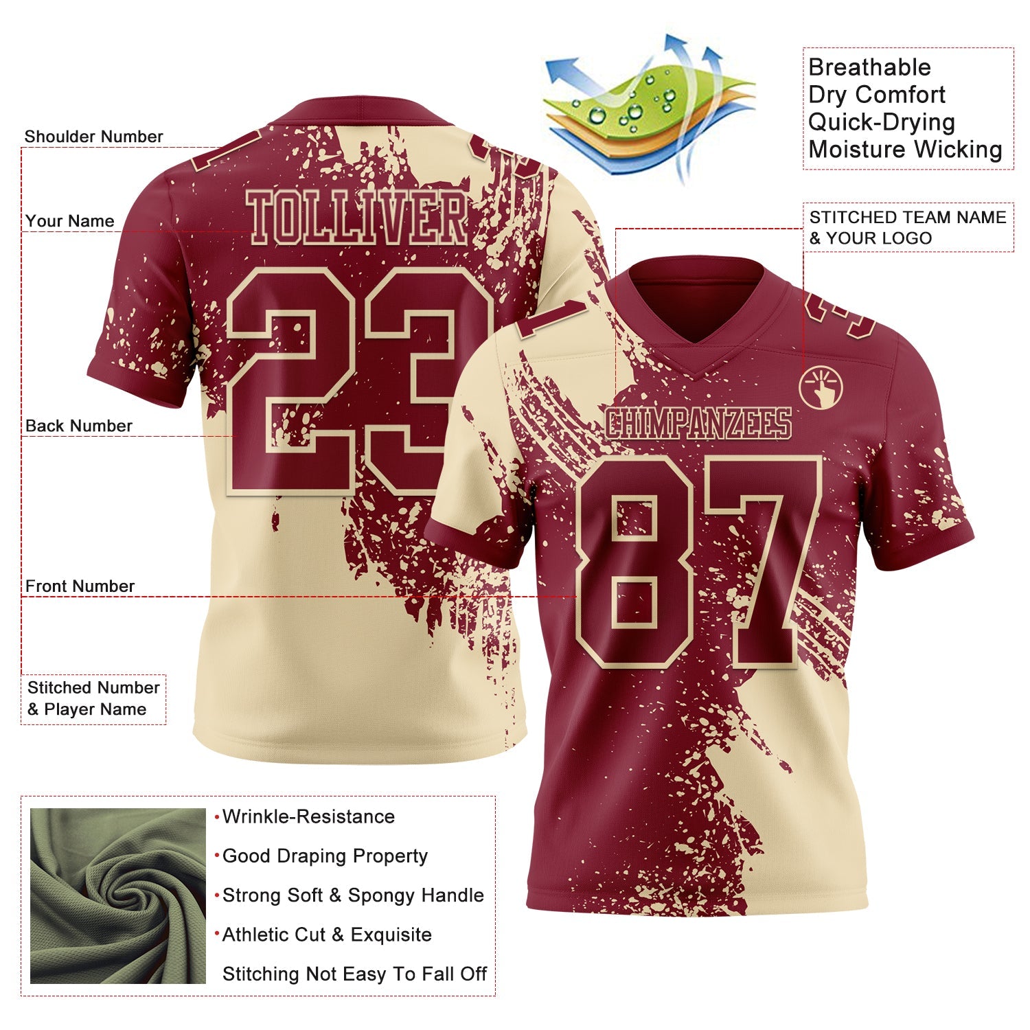 Custom Crimson Cream 3D Pattern Abstract Brush Stroke Authentic Football Jersey view 2